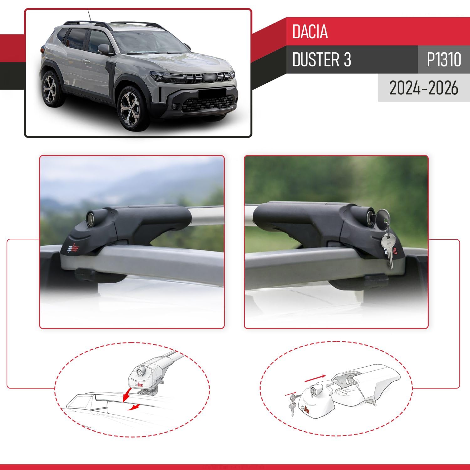 Compatibile con Dacia Duster 3 (P1310) 2024-2026 Modello ACE-1 Barre Tetto Portapacchi Auto Barre Portatutto Grigio Alluminio 2 Barre