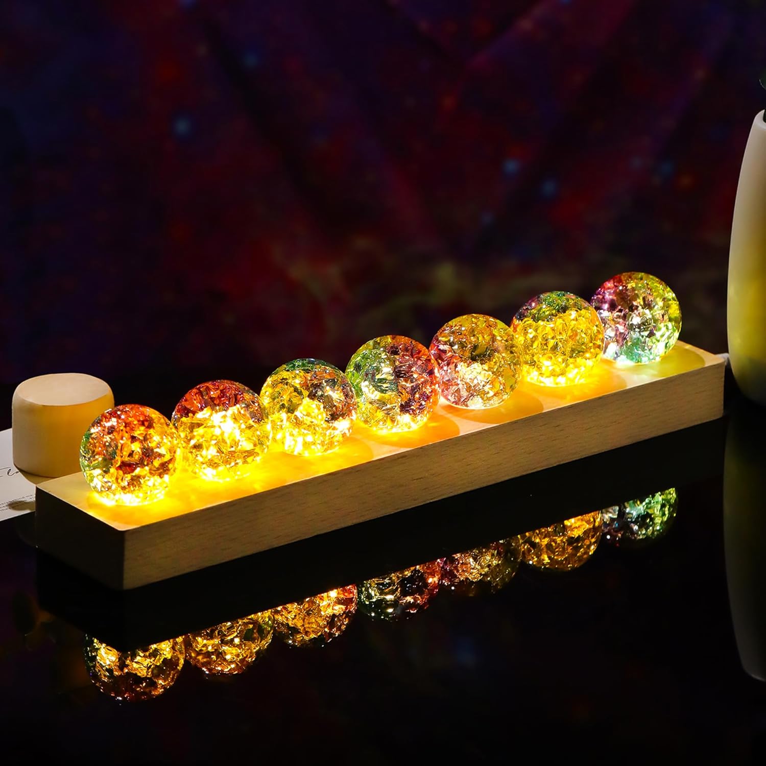 Ornalrist 7 Chakra Multicolor Crystal Ball Ice Cracks Spheres with Wooden LED Light Base - 40mm Crystal Balls Set for Meditation Positive Energy Night Light Home Decoratio
