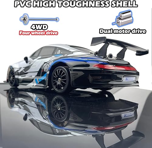 Miniatura 3 de Auto RC Drift de 2.4 GHz, escala 124, 4WD, de alta velocidad, con luces LED, dos baterías y neumáticos a la deriva, autos de juguete deportivos de