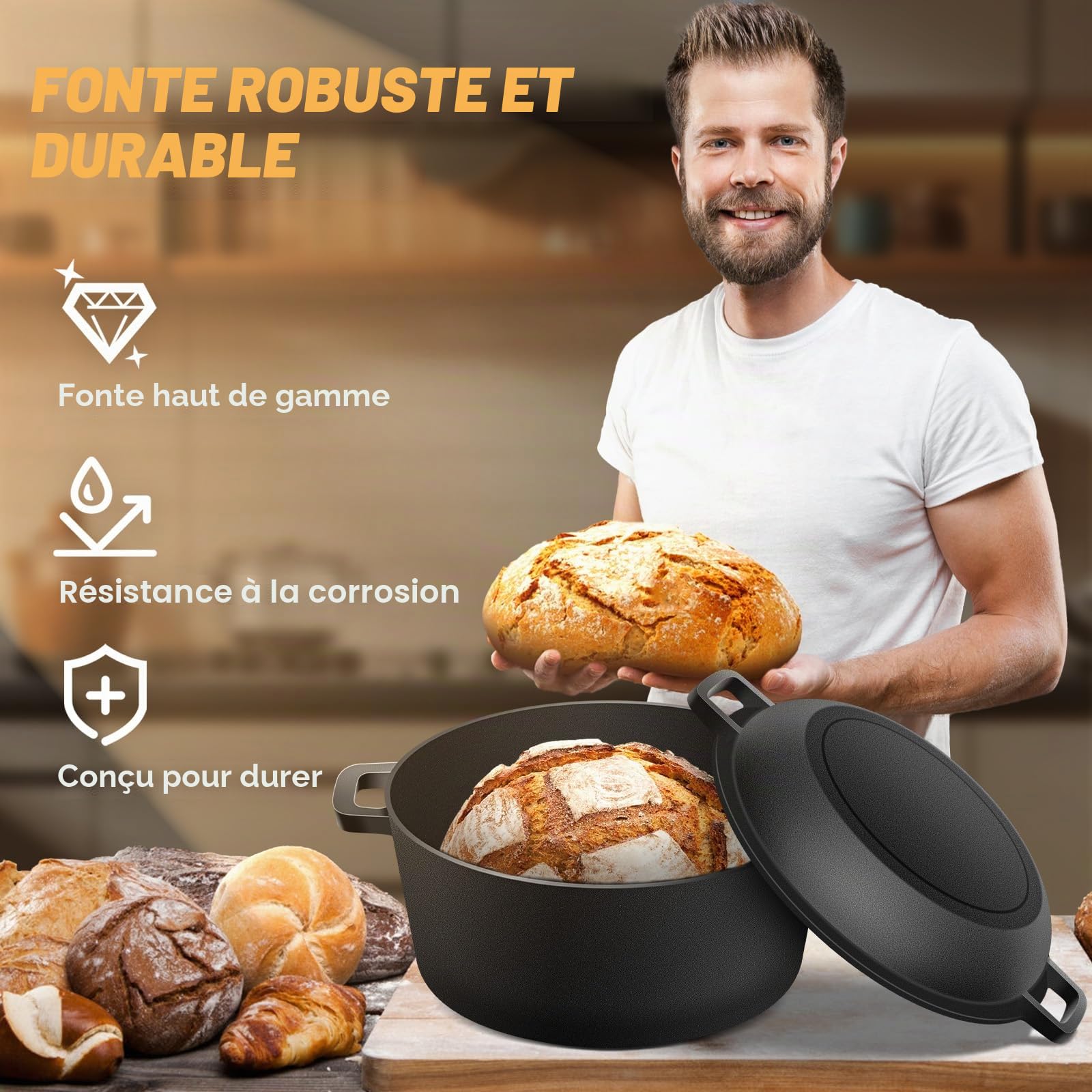NZQXJXZ Casserole en Fonte pour la Cuisson du pain, 26cm Cocotte en Fonte avec Couvercle pour La Cuisson au four, Marmite 2 en 1 avec Poêle, 4.7L