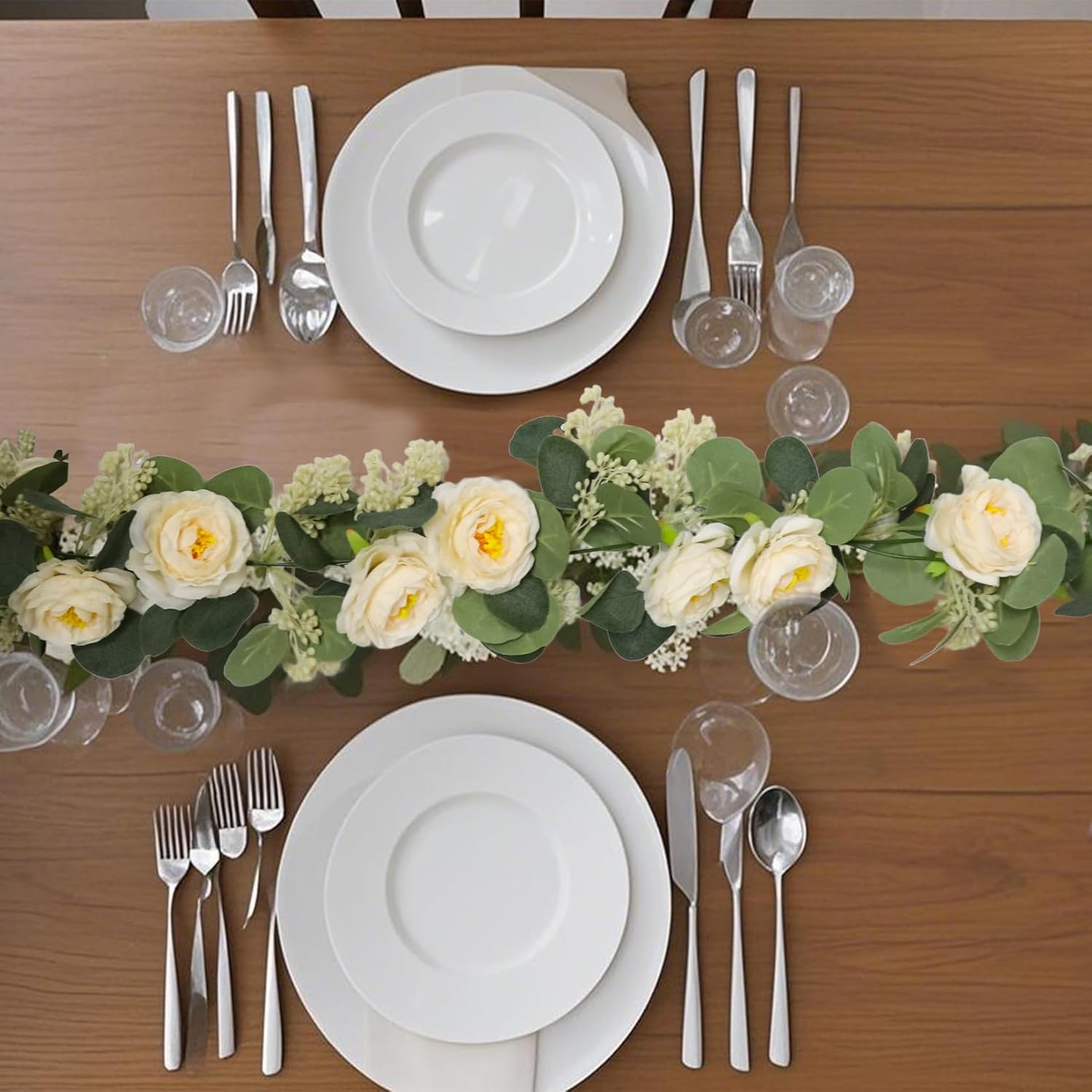 2 Packs Eucalyptus Garland with Flowers, 6.56ft Artificial Flower Greenery Garlands Natural Looking, Floral Garland Rose Vines for Party Wedding Table Backdrop Wall Decor