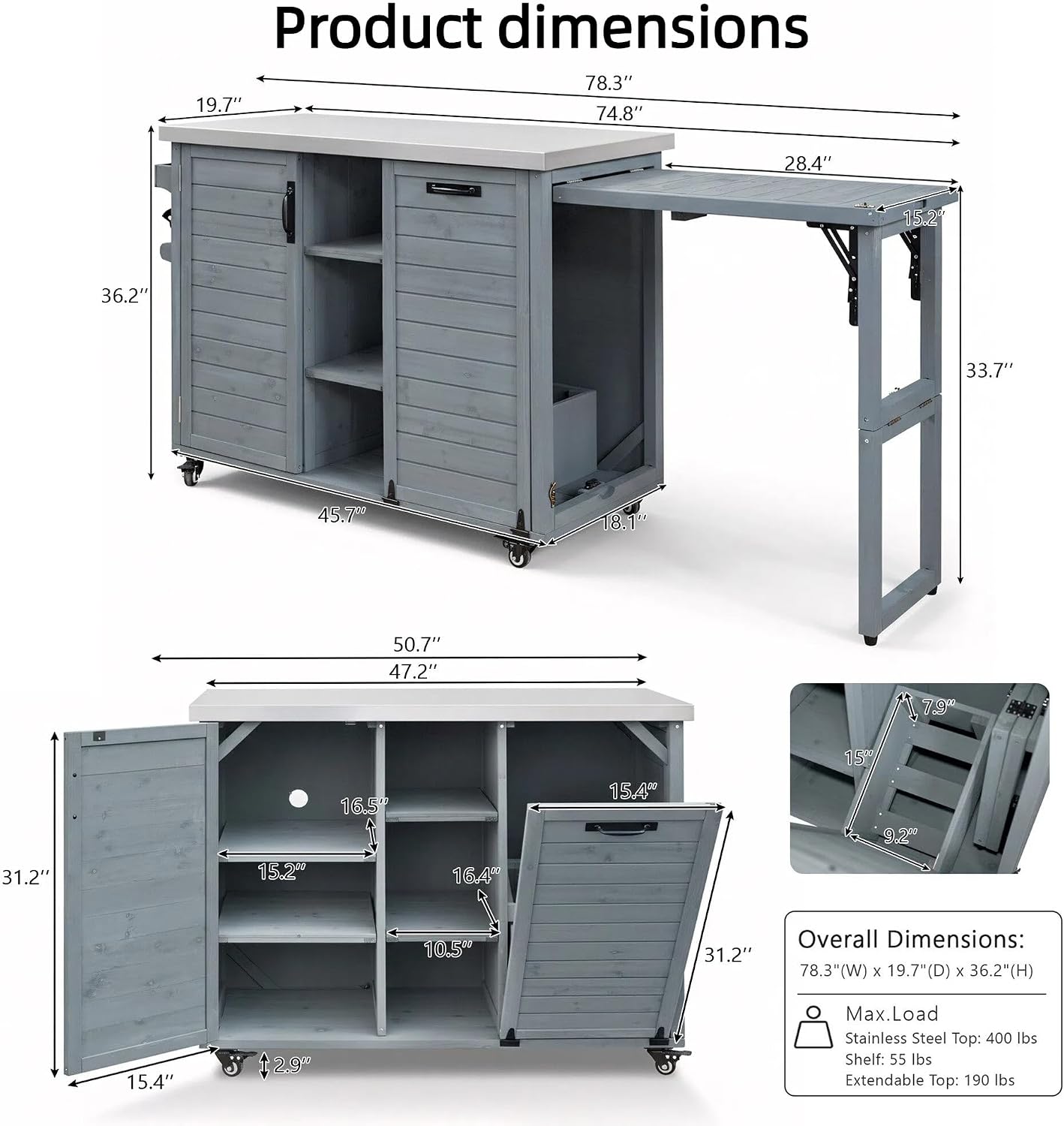 78.2" Outdoor Kitchen Island with Foldable Grill Table & Stainless Steel Top, Rolling Kitchen Cart with Trash Can Storage, Multifunctional Outdoor Grill Table for Lawn & Garden, Grey Blue