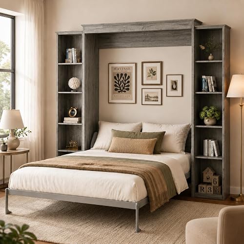 Queen Size Murphy Bed with 2 Storage Cabinet, Farmhouse Wood Hidden Foldable Wall Bed Frame, Space Saving Beds with Shelves, Murphy Bed Queen for Guest Room, Apartment,Office,Bedroom, Grey