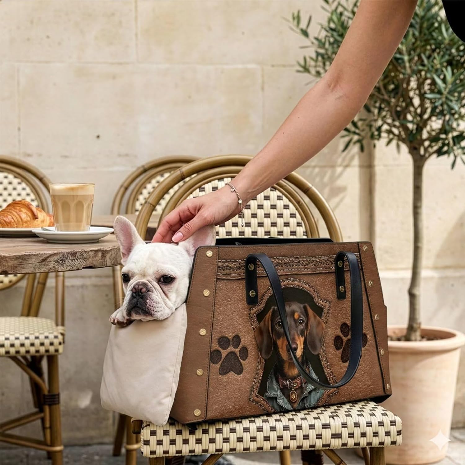 Paw Dachshund Print Dog Purse Carrier Waterproof Leather Pet Carrier Purse Portable Dog Bag Carrier Tote Purse Cute Pet Travel Shoulder Bag with Cushion