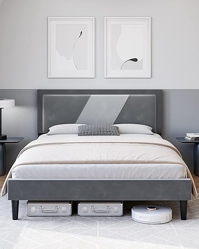 Homhougo Marco de cama King, marco de cama de plataforma capitoné con cabecera de altura ajustable, marco de cama tapizado de terciopelo de colores