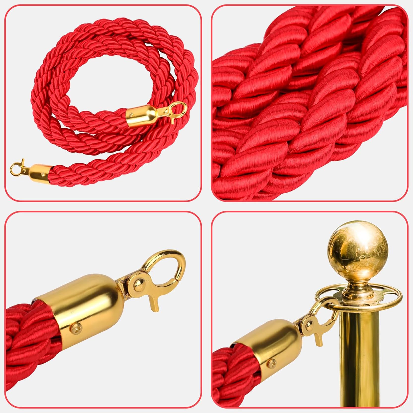 Corde de Guidage de 2,4 m (8 pi) - Lot de 4 barrières de contrôle des foules, Cordes torsadées en Chanvre tressé avec Crochets dorés, idéales pour Les événements de Prestige, Les Salons Auto