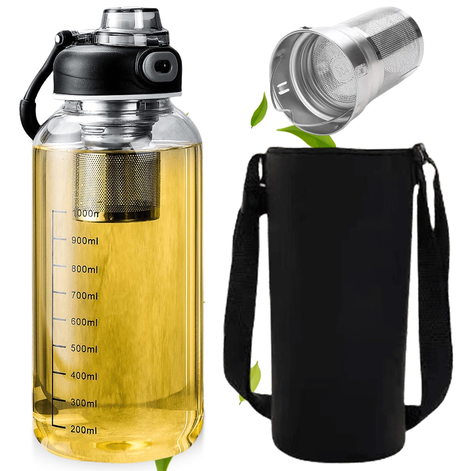 Botella de agua de cristal de 1,5 L con filtro de acero inoxidable SUNOYA para té
