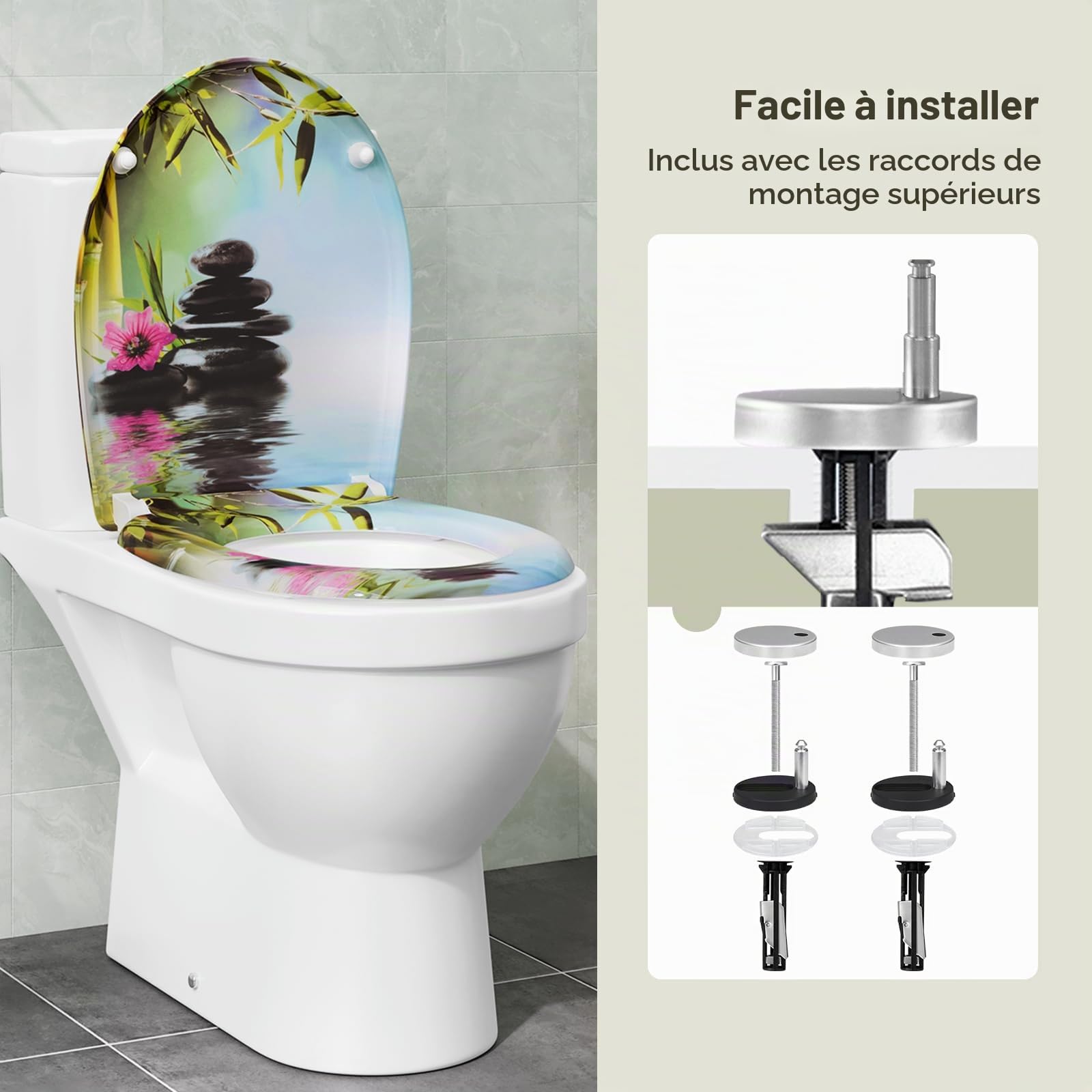 eSituro Abattant de Toilette, Siège WC en Forme de O à Fermeture Douce, Montage par le Haut, Déverrouillage Rapide, Charnières Réglables à 360°, en Duroplast, Pierres et fleurs