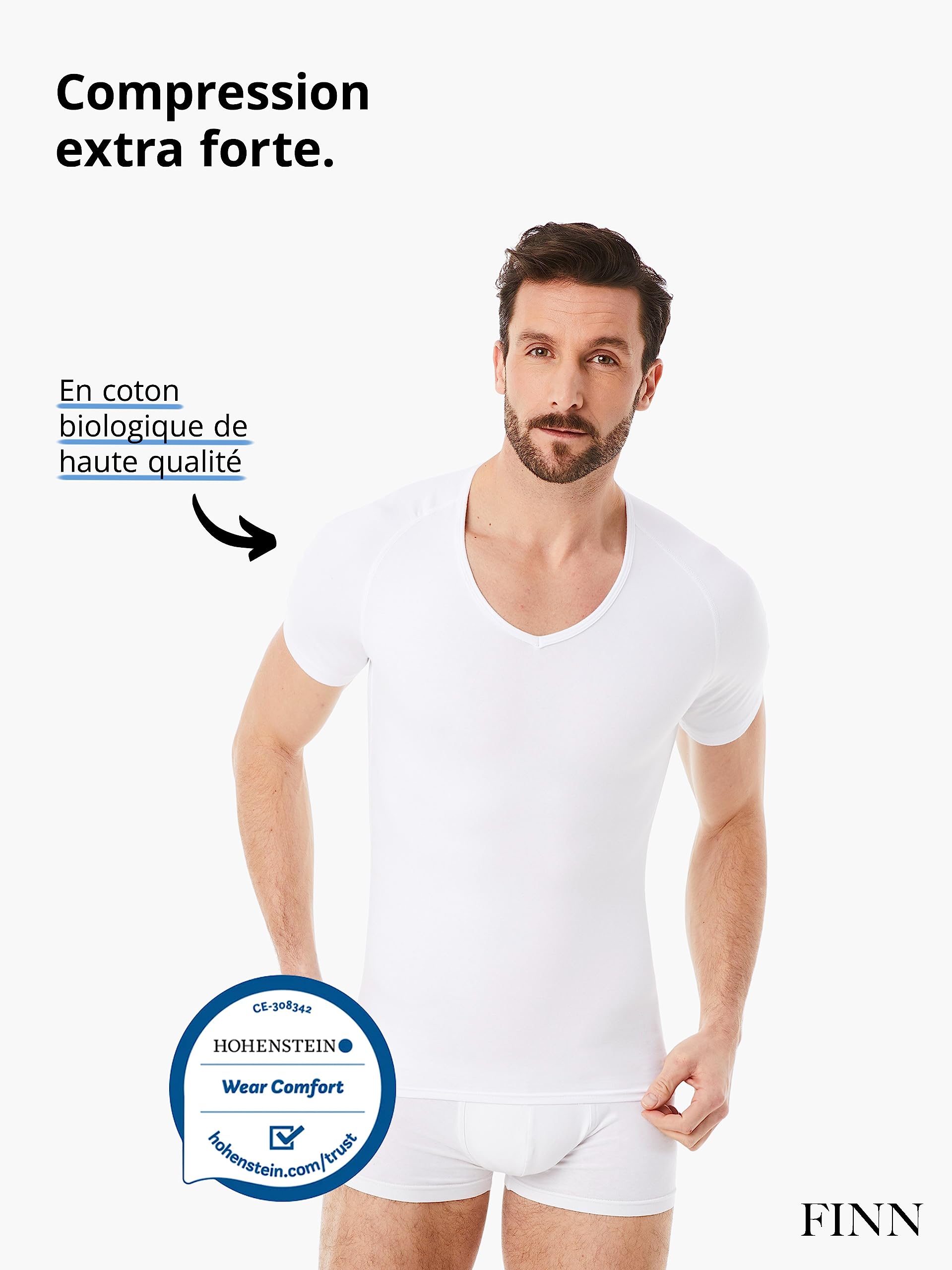 FINN T-Shirt Gainant pour Hommes avec col en V - Maillot de Corps Shapewear à Manches Courtes en Coton - Maillot de Compression Body Shaper pour Un Ventre Plus Plat