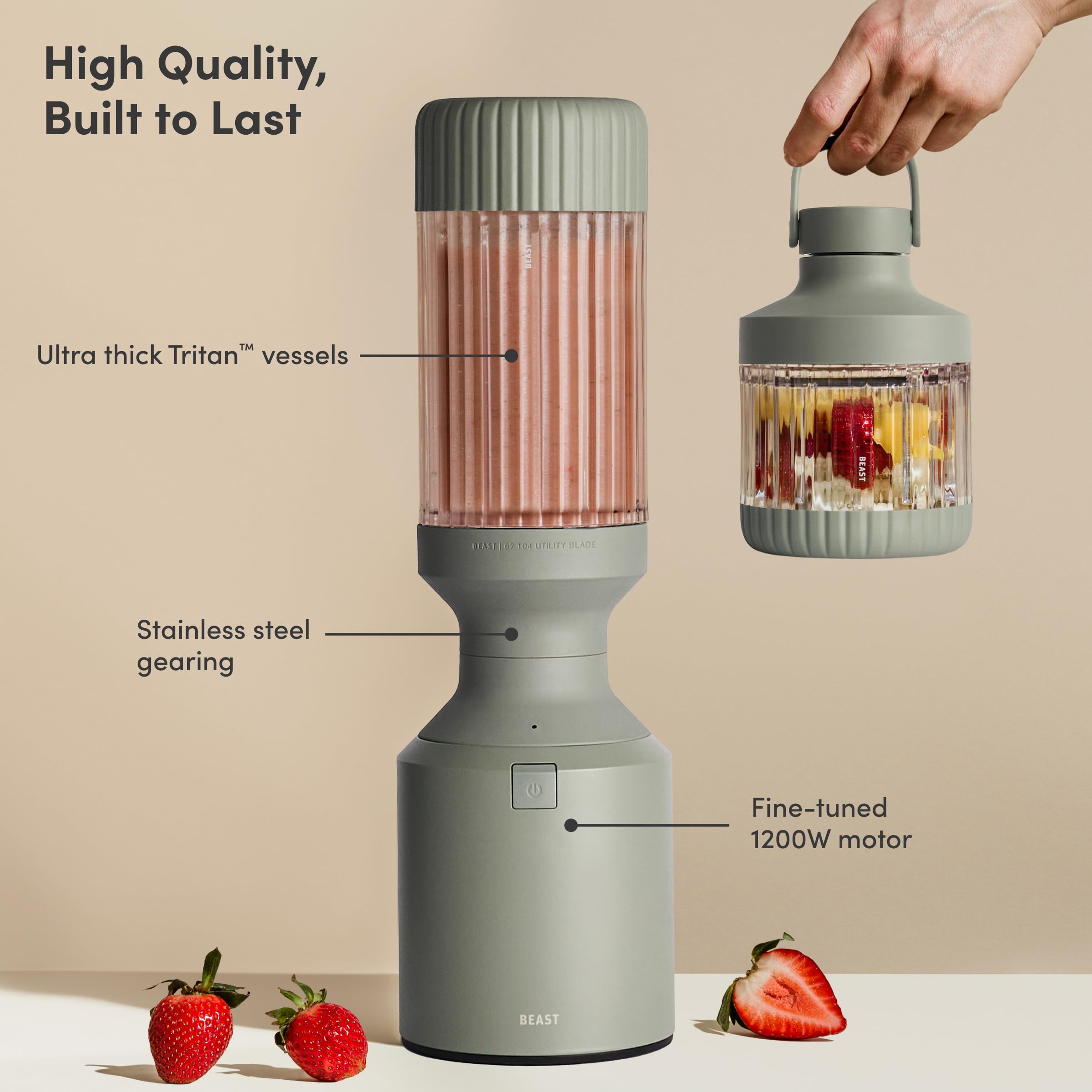 Beast Mega 1200 Plus | Premium Countertop Blender | Smoothies, Shakes, Sauces, Dips, Soups | Blends Ice and Frozen Fruit | XL Vessel | With Extra Vessels, Straw System | 1200W | (Sage, 120V)