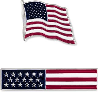 American Flag USA Lapel Pin Set - Waving Flag + Rectangle Bar - Silver Colored Metal Plated - Luxury Clothing Accessories