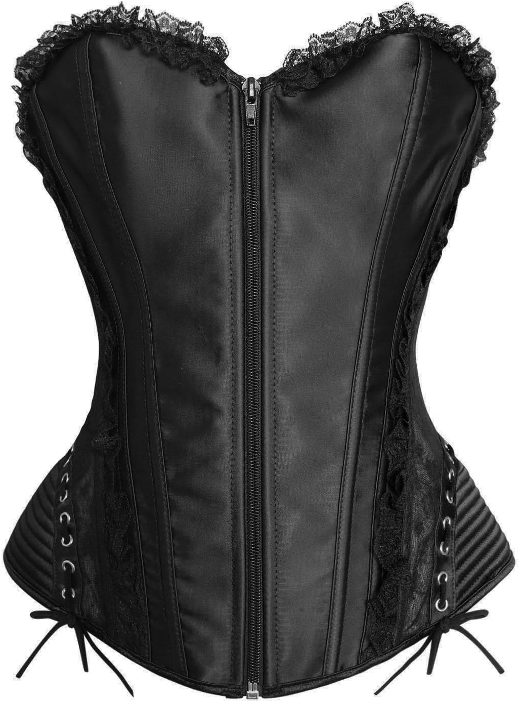 Women's Courtlike Black Lace Trim Zipper Closure Overbust Corset