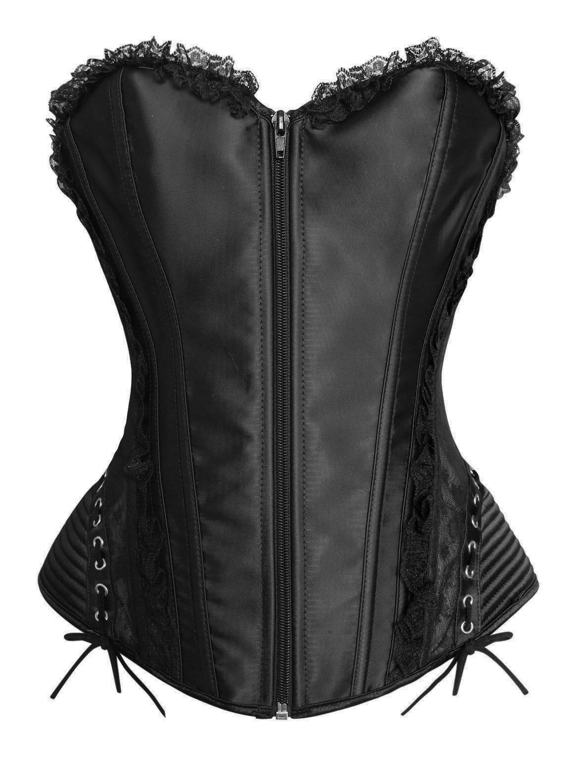 Women's Courtlike Black Lace Trim Zipper Closure Overbust Corset