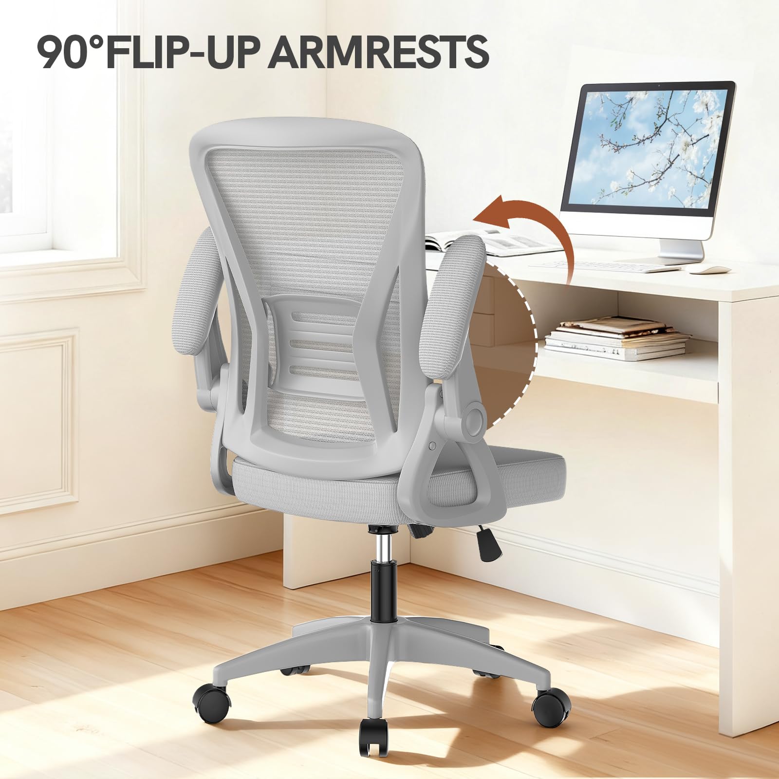 Silla de oficina ergonómica con reposabrazos abatibles de 90° y soporte lumbar, cojín de asiento de esponja de alta densidad, con elevación de gas (capacidad de 150 kg) y respaldo de malla
