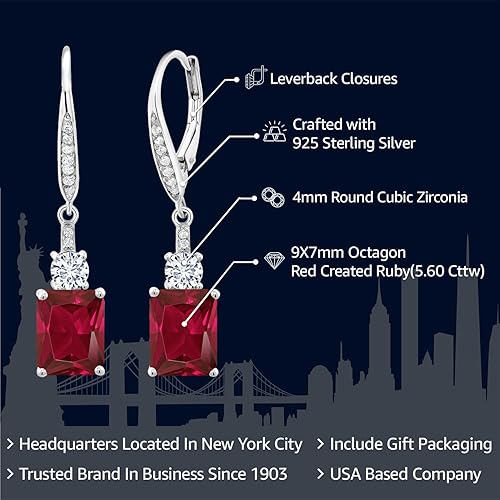 Miniatura 2 de Gem Stone King 4-5 Cttw Drop Dangle Earrings for Women 925 Sterling Silver Emerald Cut 9X7MM Gemstone Birthstone Fine Jewelry Gifts for Her Mom