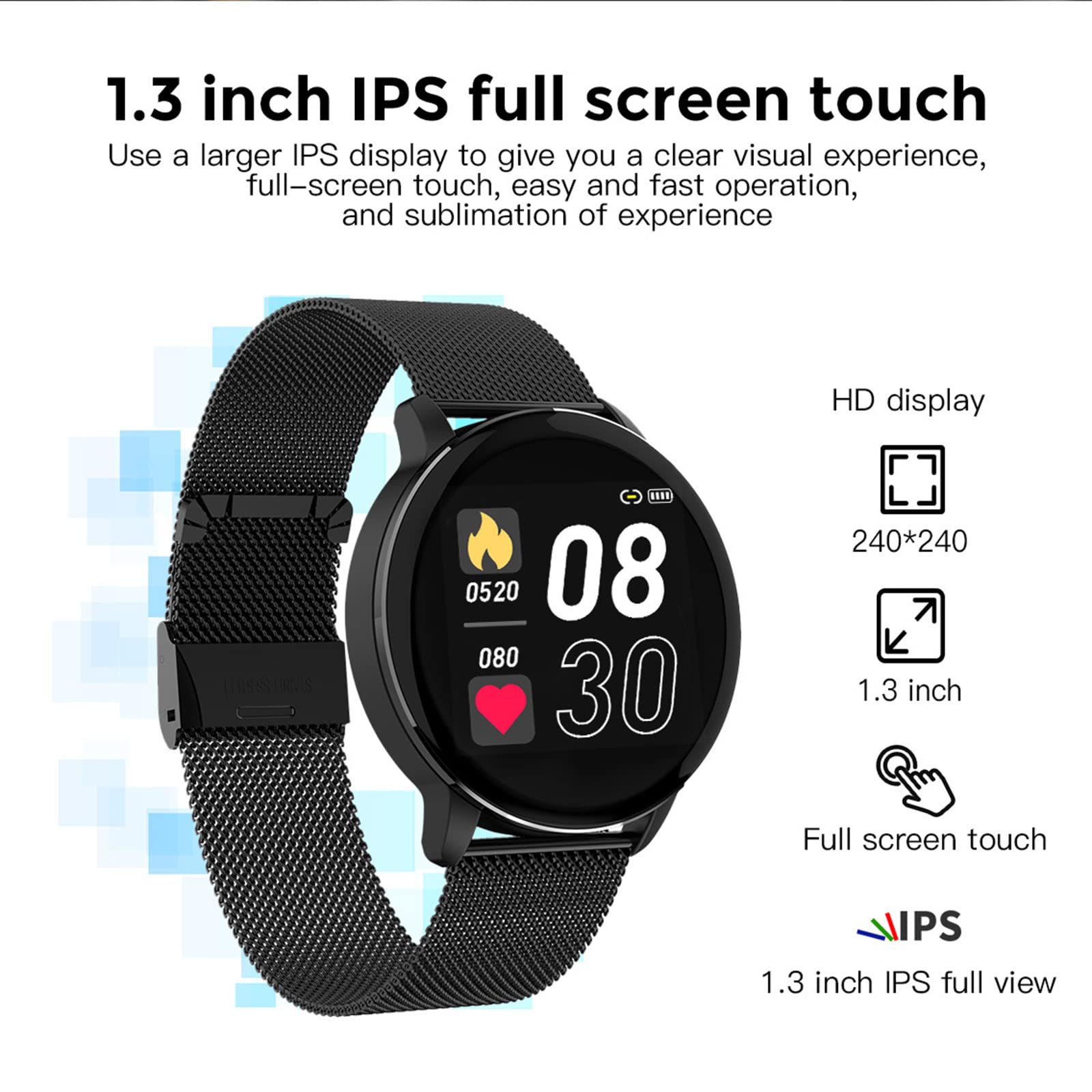 Damski wodoodporny inteligentny zegarek, 1,3'' pełny dotykowy zegarek fitness ze śledzeniem zdrowia kobiet, pulsometr, sportowy smartwatch outdoorowy do telefonów z systemem Android iOS, czarny