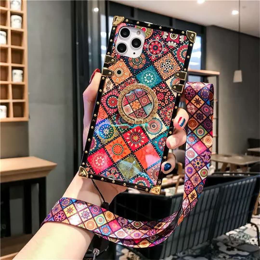 Case for iPhone 14 Pro Max,Diamond Bling Retro Style Marble Shiny Luxury Flower Kickstand Stand Phone Case with Lanyard Rope for iPhone 14 Pro Max 6.7 Inch 2022 (MZF)