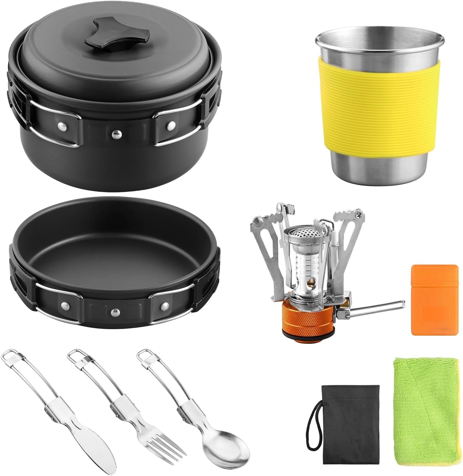 Anbte 12pcs Camping Cooking Set for 1, Non-Stick Camping Cookware Kit with Mini Stove Stainless Steel Utensils, Lightweight, Camping Pots and Pans Set for Camping, Backpacking, Outdoor Cooking