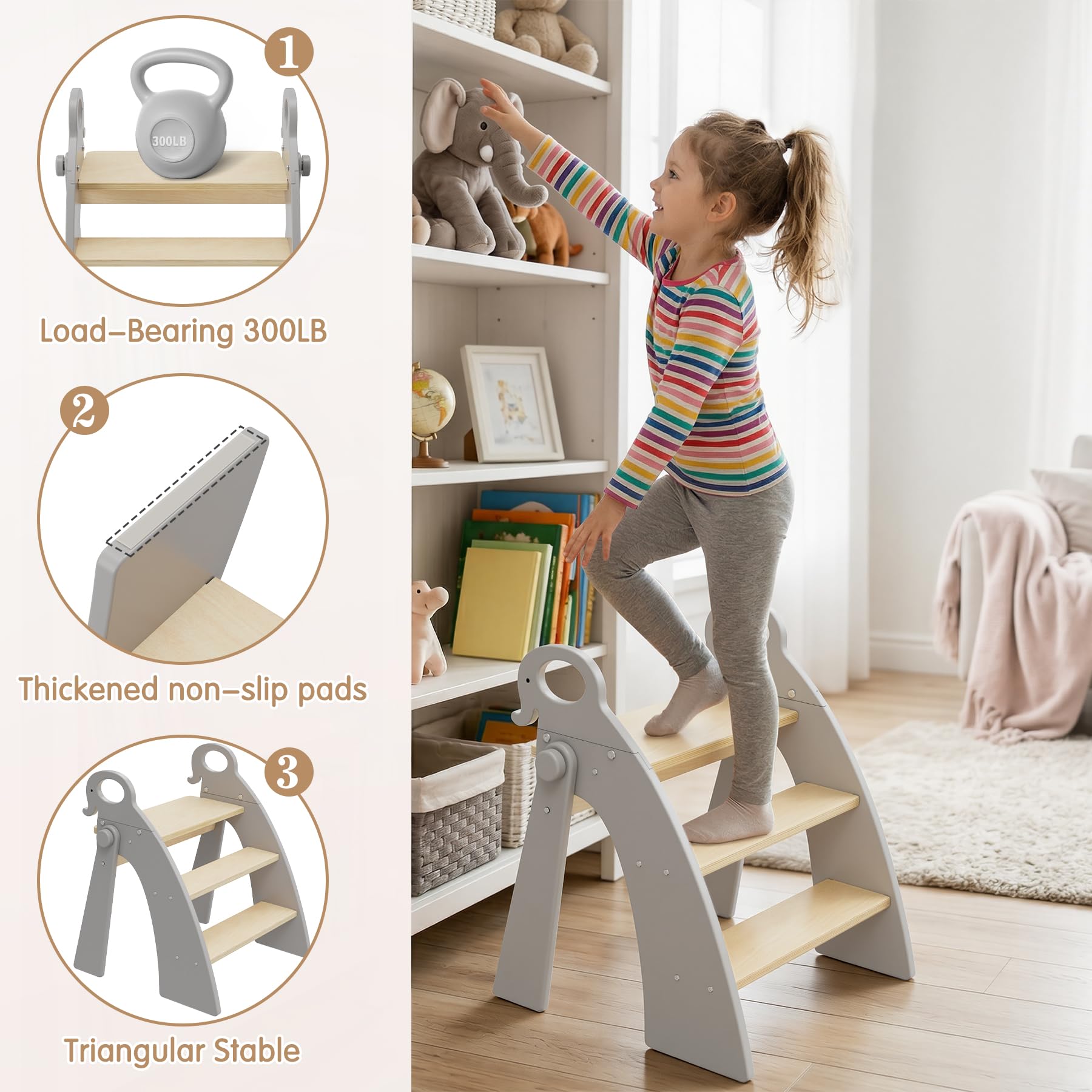 Tritthocker für Kinder Holz, 3 Stufen Kinderschemel, Trittschemel für Baby, Faltbar, Multifunktional, für Bad, Kleinkinderzimmer, Küche