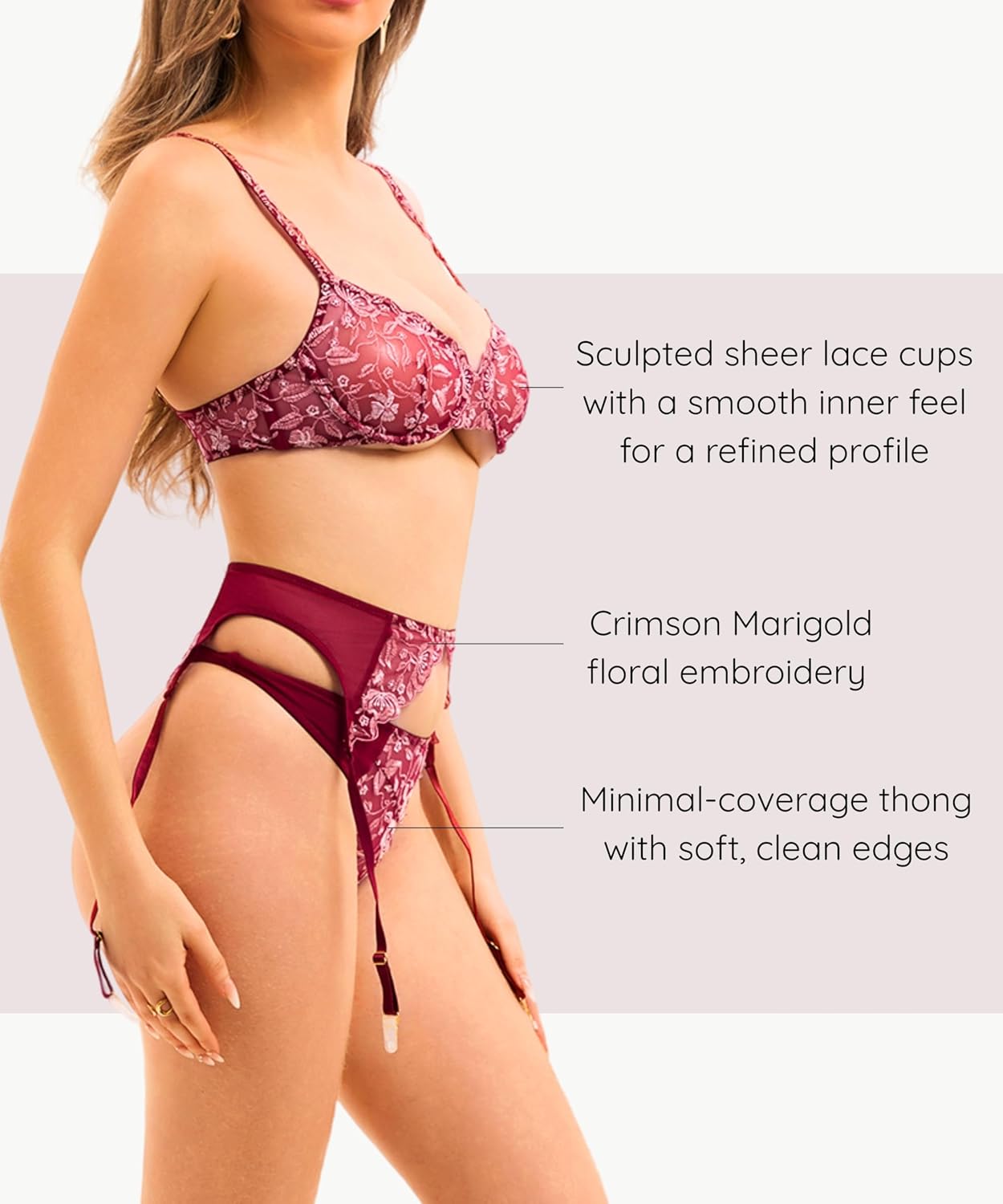 SECRET TALKS Women’s Avery Crimson Marigold Embroidered Lace 3-Piece Lingerie Set – Bra, Garter Belt & Thong (S–XL)