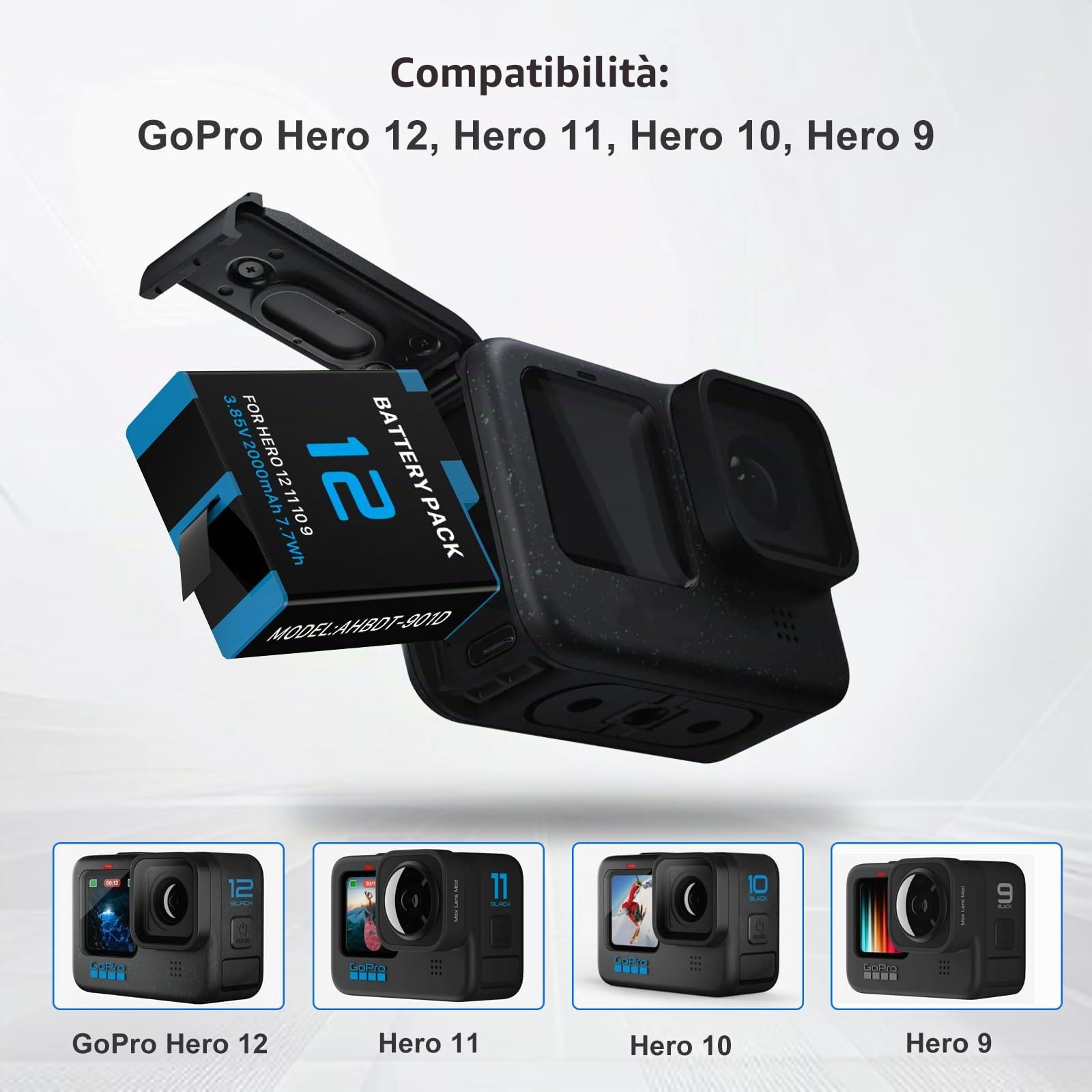 1 Confezione Batteria di Ricambio 2000mAh per Fotocamere d'Azione GoPro Hero 9/10/11/12 Nero Sostituisce Batteria Modello AHBDT-901D