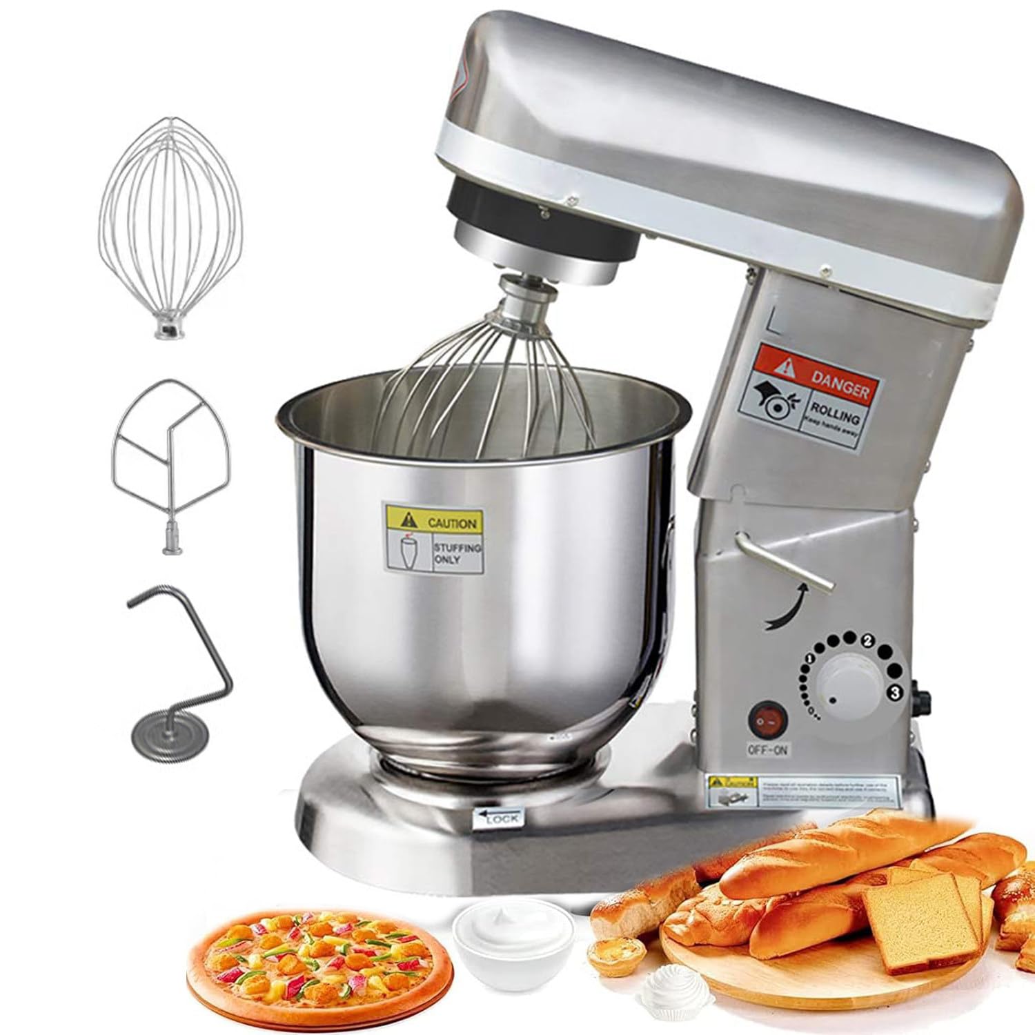 Batidora Amasadora,Amasadora De Pan Repostería Multifunción Tazón De Acero Inoxidable 5l/7l/10lgancho para Masa,Batidor Plano,Batidor,Protector De Salpicaduras,Silver-10L