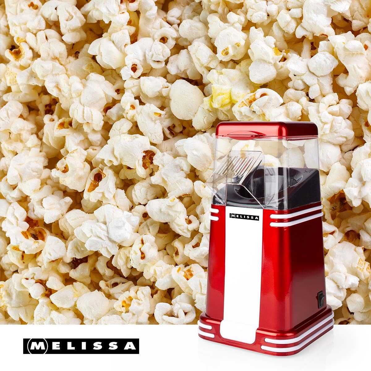 Melissa Máquina de palomitas de maíz retro 16310187, 1200 W, 40-60 g por porción, lista en 2-4 minutos, sin aceite ni mantequilla, fácil de limpiar, diseño compacto, rojo/blanco