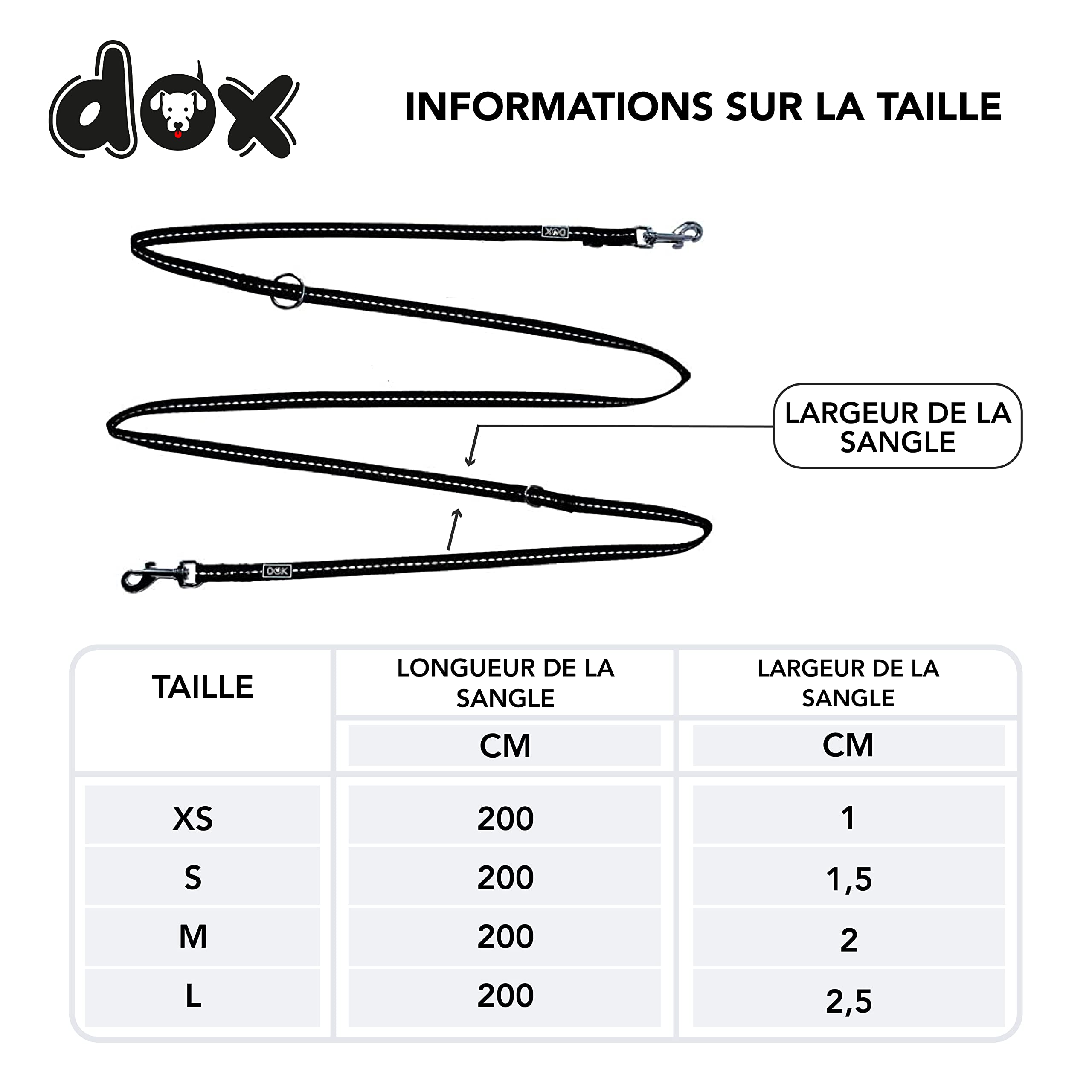 DDOXX Laisse Chien Nylon Réfléchissante, Réglable en 3 Position, 2 m | Nombreuses Couleurs & Tailles | pour Petit, Moyen Gros & Grand | Double laisses Ajustable Chat Chiot | M, Noir, 2m