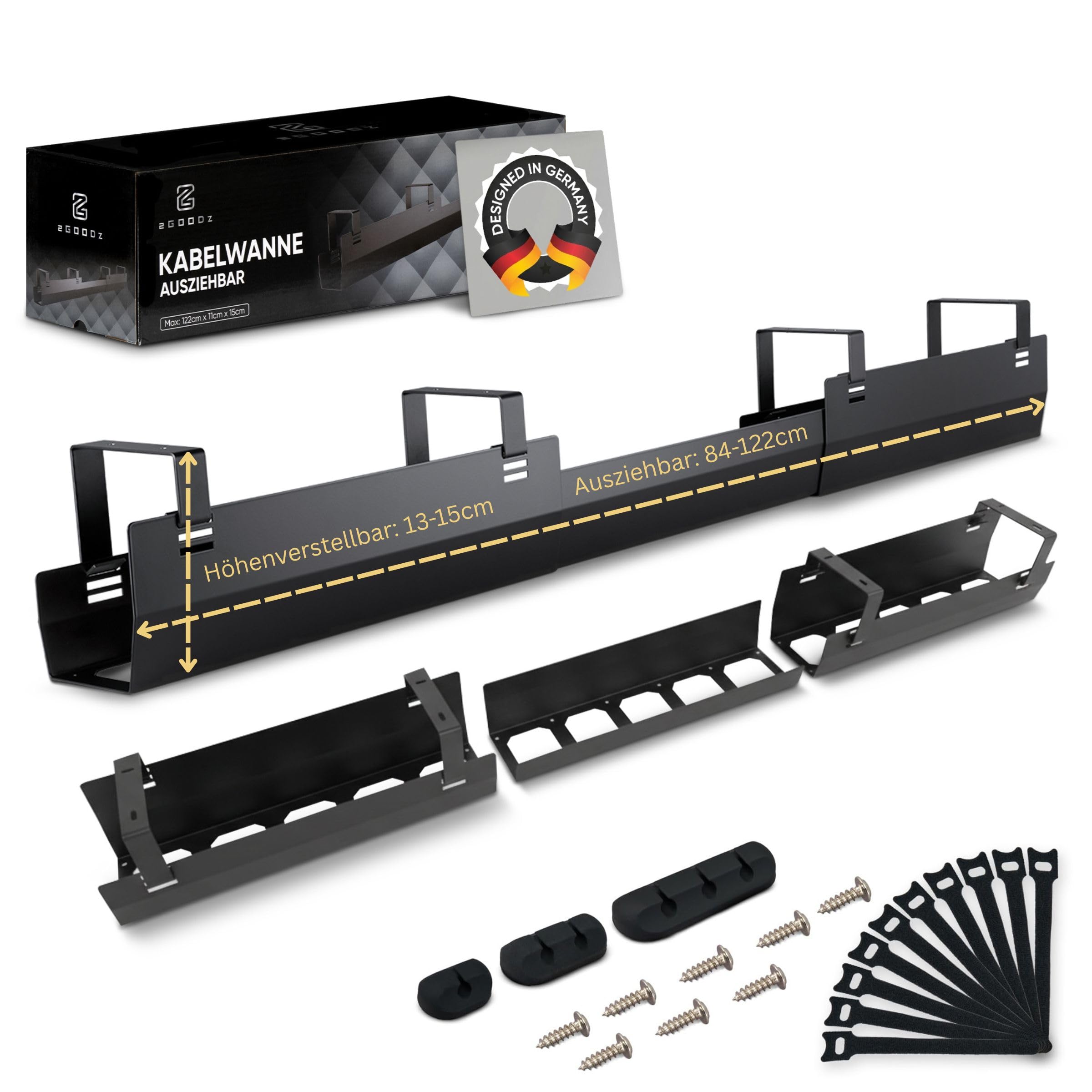 2GOODz Kabelwanne für Schreibtische, geneigt, ausziehbar 84-122 cm, legierter Stahl