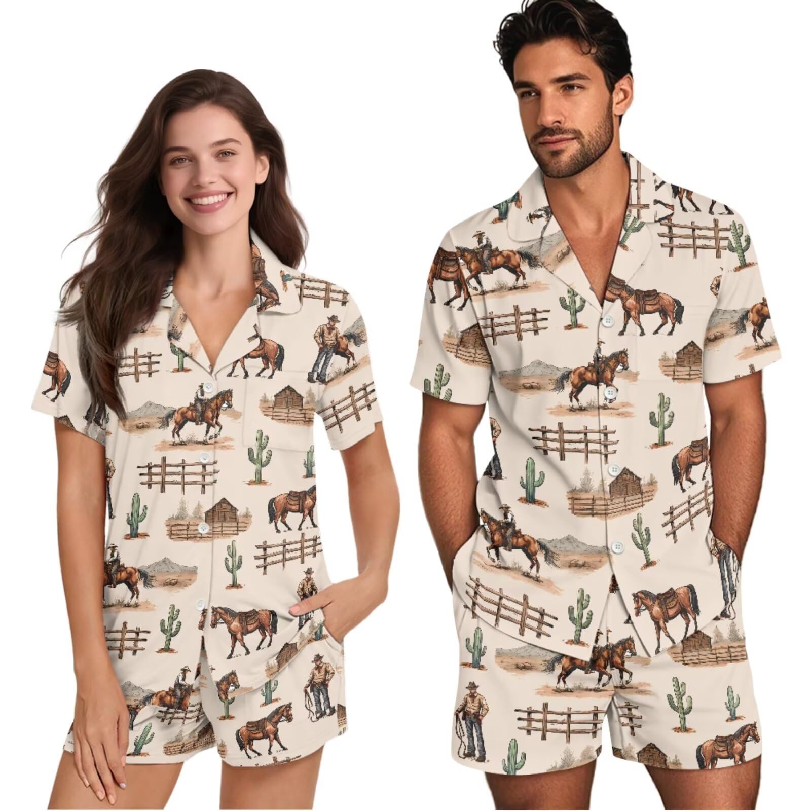 Conjunto de pijamas a juego para parejas, ropa de dormir de manga corta para mujeres y hombres, pijamas a juego con botones