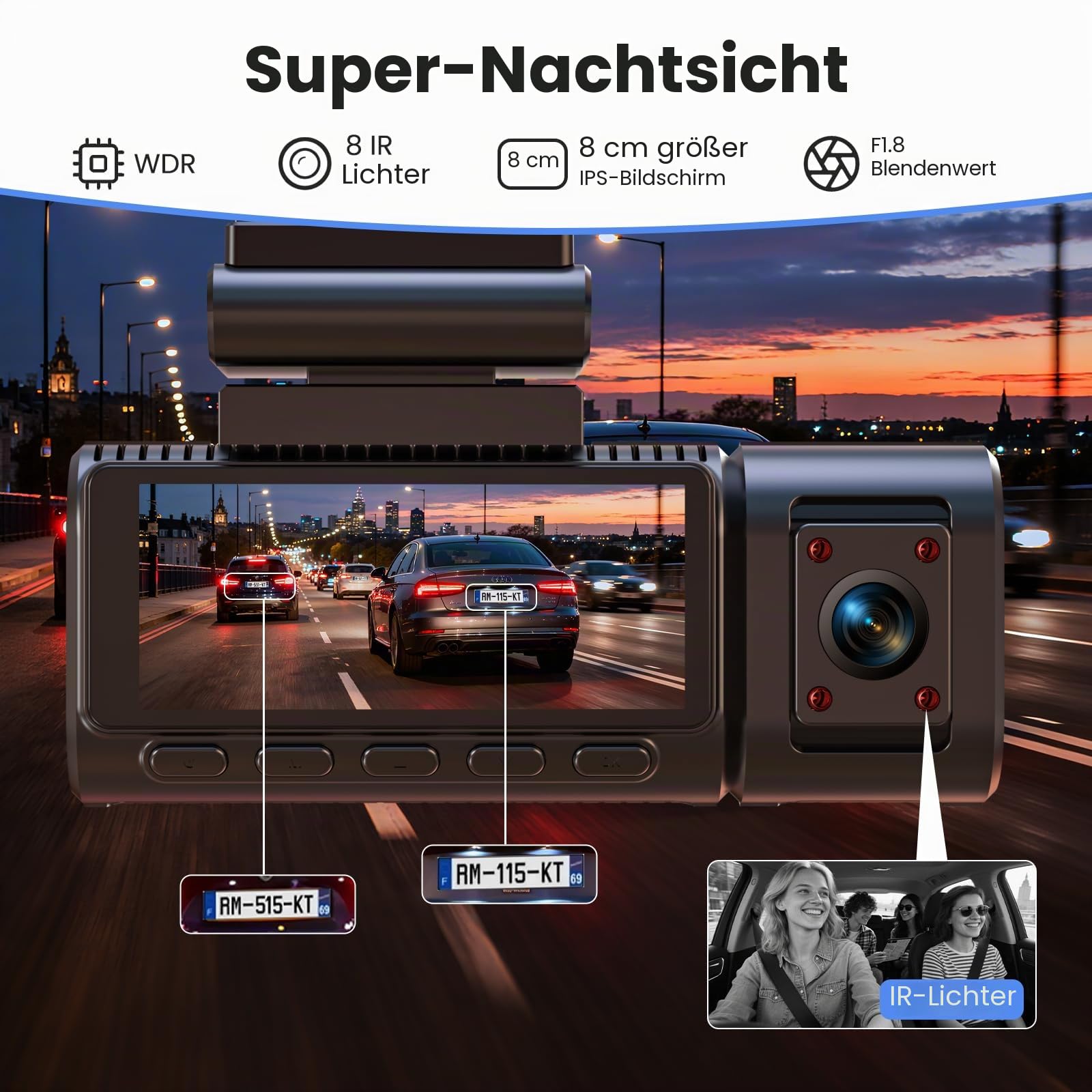 Dashcam Auto Vorne Hinten 4K+1080P mit GPS WiFi,3 Channel 1080P Dash Cam Auto Kamera 3,16" IPS Bildschirm,Kostenlose 64 GB Karte,Nachtsicht,G Sensor,Loop-Aufnahme,200°Weitwinkel WDR,Parküberwachung