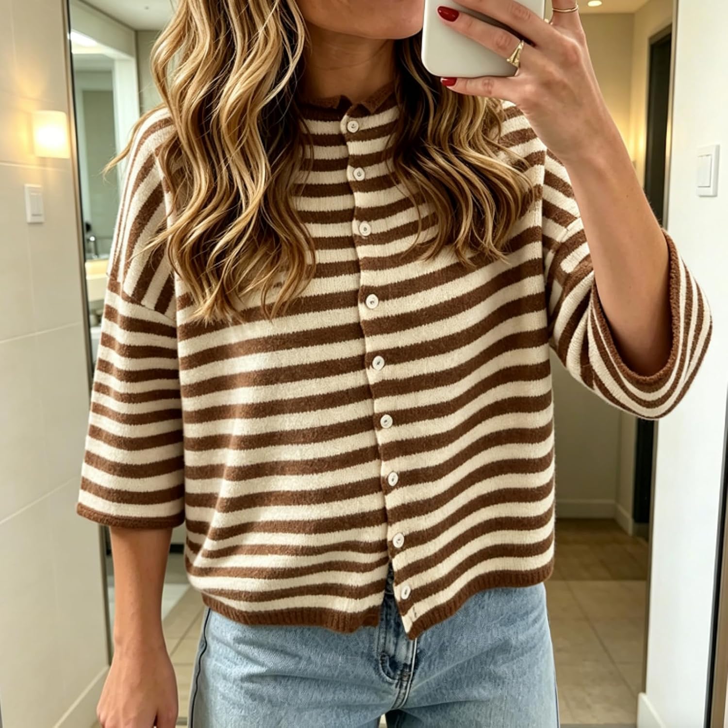 Women's 3/4 Sleeve Cardigans Striped Crewneck Button Down Knitted T-Shirt Spring Summer Casual Sweater Tops