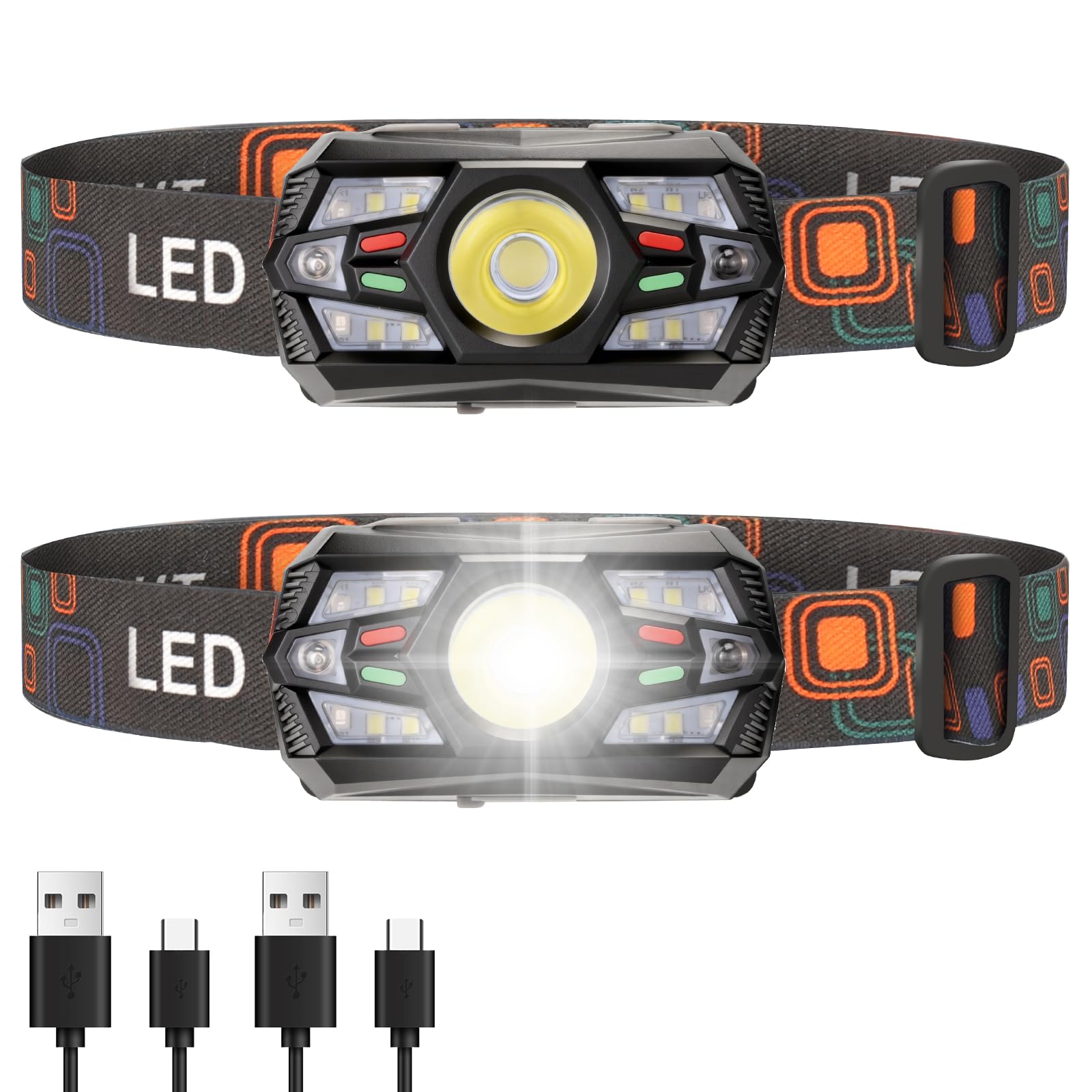 LeKaufen 2 Pack LED Head Torch Rechargeable, 2000L Headlamp 5 Modes with Motion Sensor, Waterproof, Long Battery Life, Lightweight Head Torch for Running Fishing Camping (2) â image 1