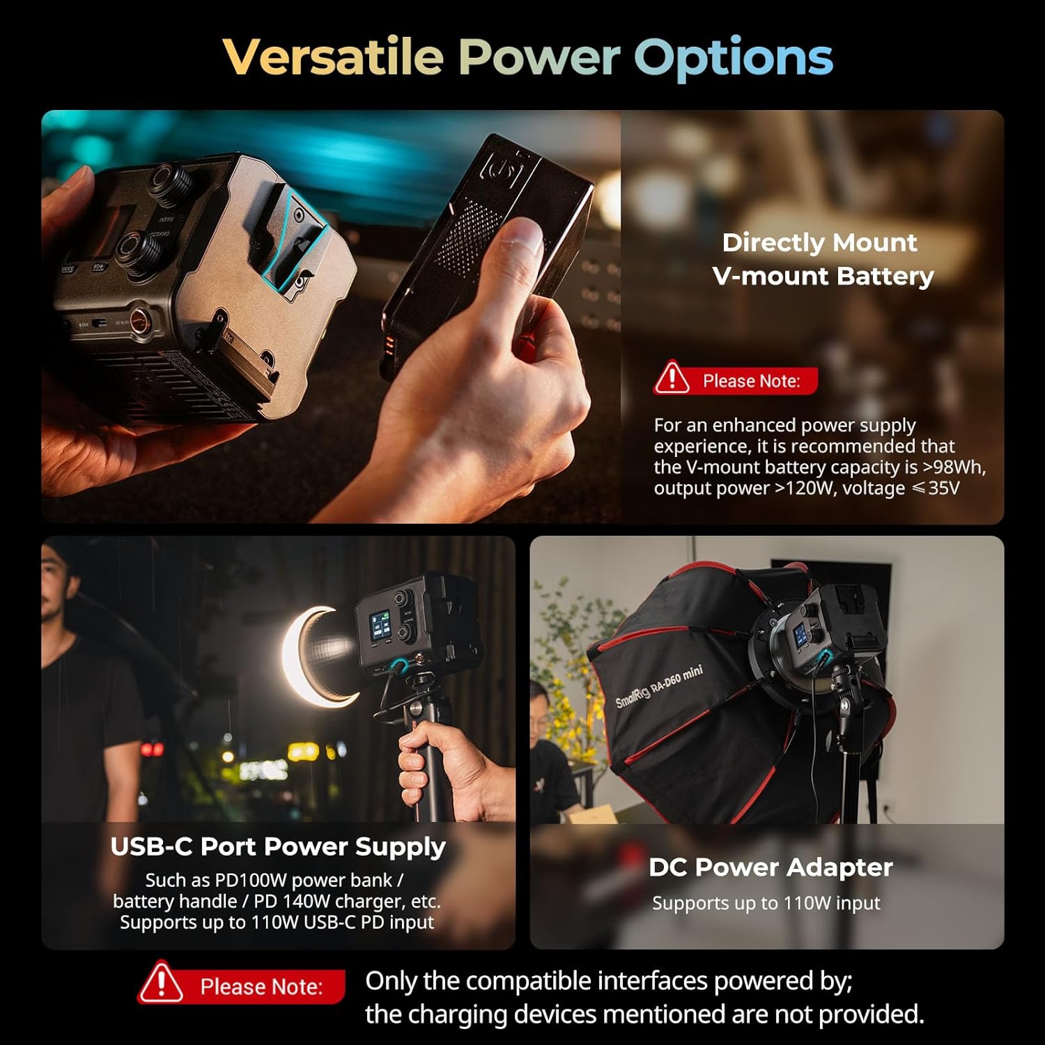 Diagram showing three power options for the SmallRig RC 100B: direct V-mount battery, USB-C port power supply, and DC power adapter.