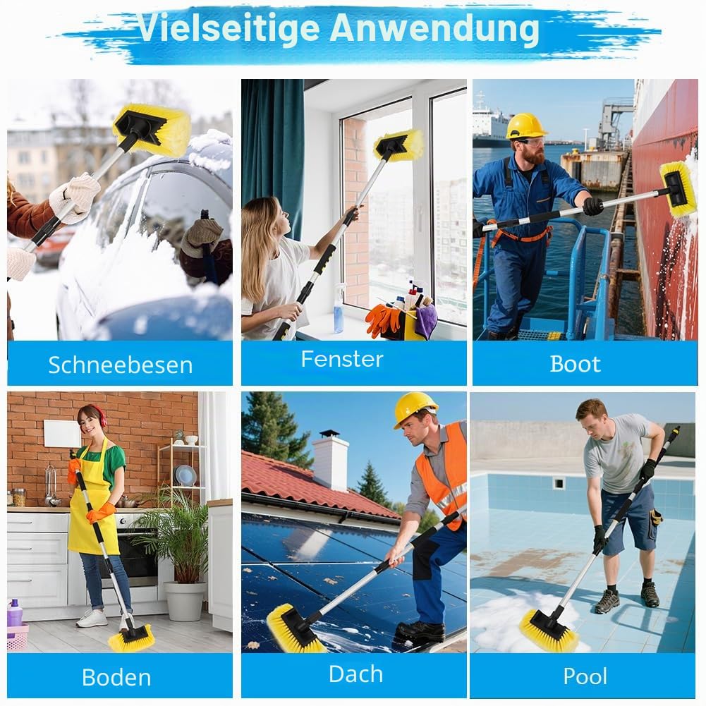 Autowaschbürste mit Wasseranschluss, Teleskop Waschbürste, Autowaschbürste mit Stiel, Waschbürste mit Teleskopstiel ALU-Teleskop mit An/Aus Schalter und1/2 Schlauchanschluss, 48-165cm, Gelb