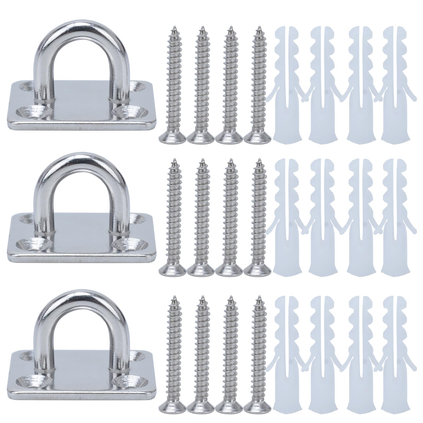 Meijeegu Pack of 3 M5 304 Stainless Steel Eye Plate Eyelets Square Ring Silver Ceiling Hooks with Screws and Expansion Tube for Yoga Rope Hammock Suspension Training Straps etc