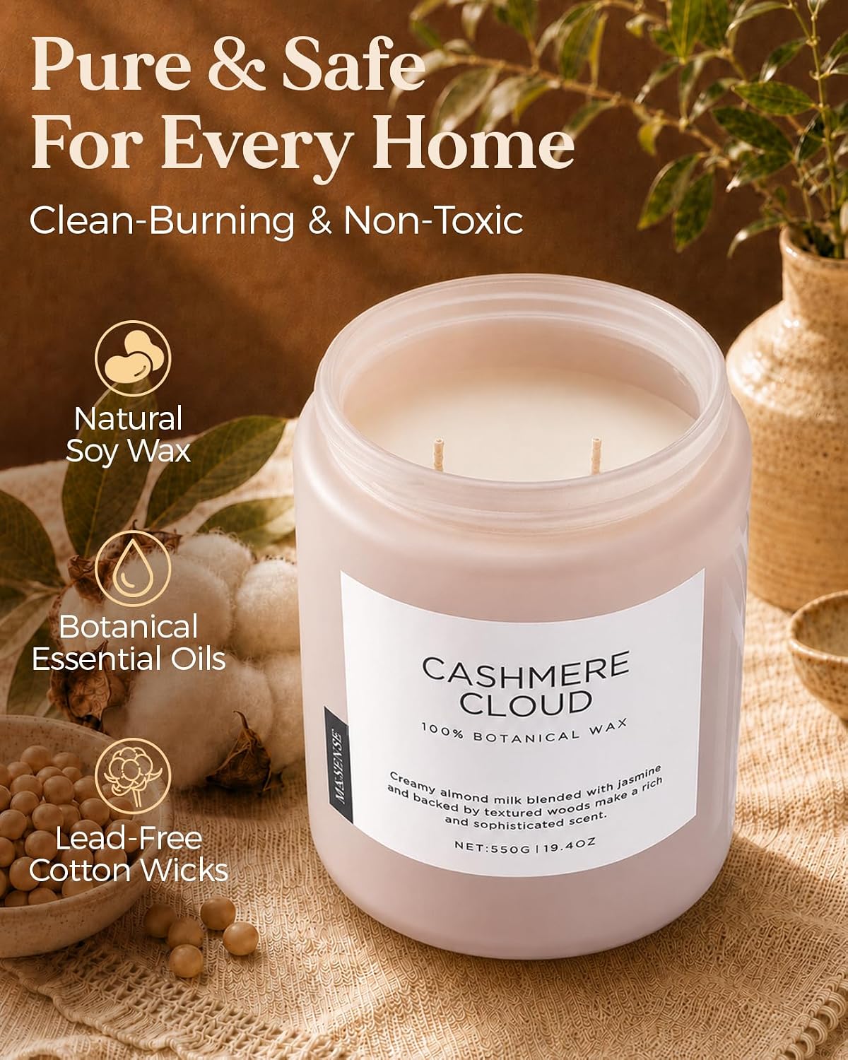 M&SENSE Cashmere Vanilla Fall Scented Candle for Home, Natural Soy 19.4 oz image 3