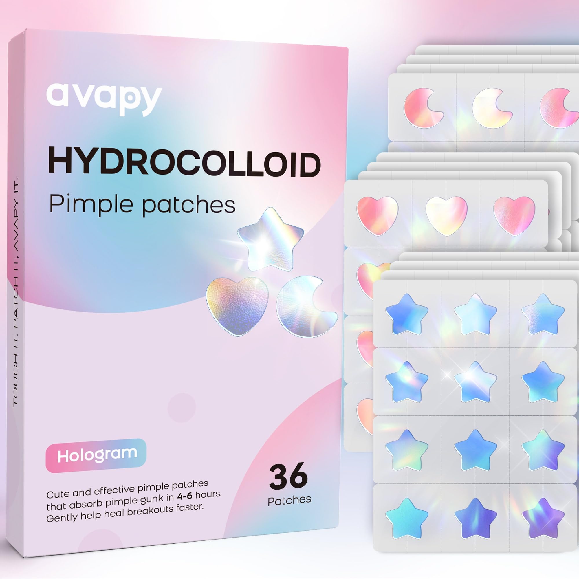 AVAPY Pimple Patches for Face, Cute Hydrocolloid Acne Patches, Colorful Hologram Star Sport Stickers, Zits & Blemish, Pimple Patch with Salicylic Acid, Moon Cloud Butterfly Flower 12MM (36 Count)