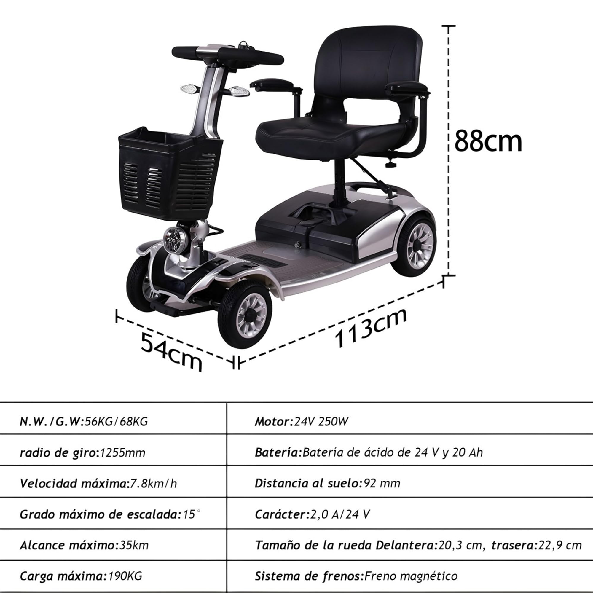 Scooters de Movilidad Plegables para Adultos, Scooter de Movilidad de 4 Ruedas Capacidad de 190 kg Batería Extendida de 35km de Largo Alcance con Canasta y Señal de Giro (Rojo)