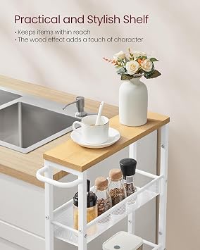 VASAGLE 5-Tier Trolley, Space-Saving Kitchen Cart with Castors, 13 cm Deep, Steel Frame, Handle, Trolley for Small Spaces, Kitchen Bathroom Living Room Studio, Oak Beige and White LRC034W09