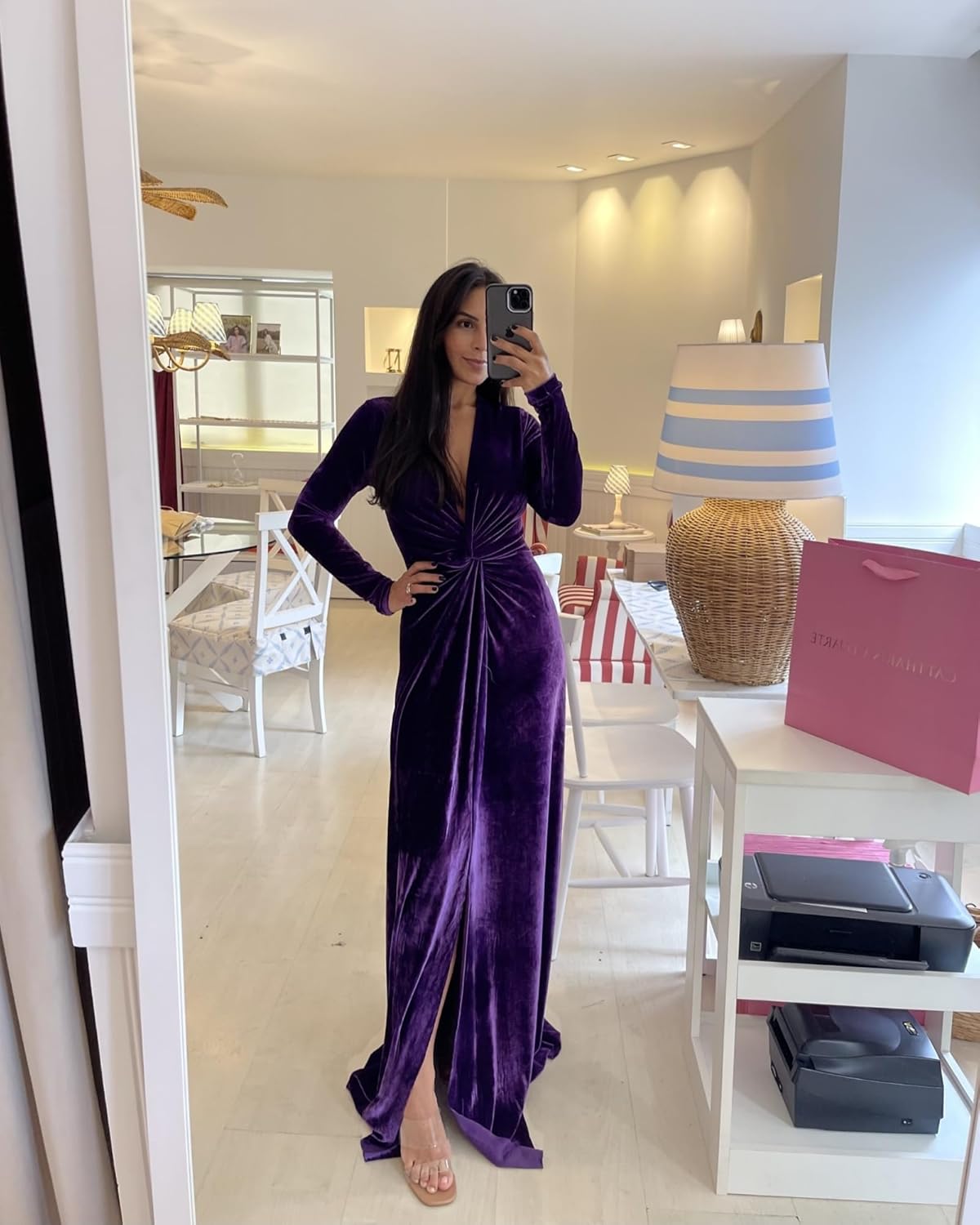 LTW Velvet Dresses for Women 2026 Long Sleeves Formal Ball Gown V Neck Winter Bridesmaid Dresses with Slit - Image 2