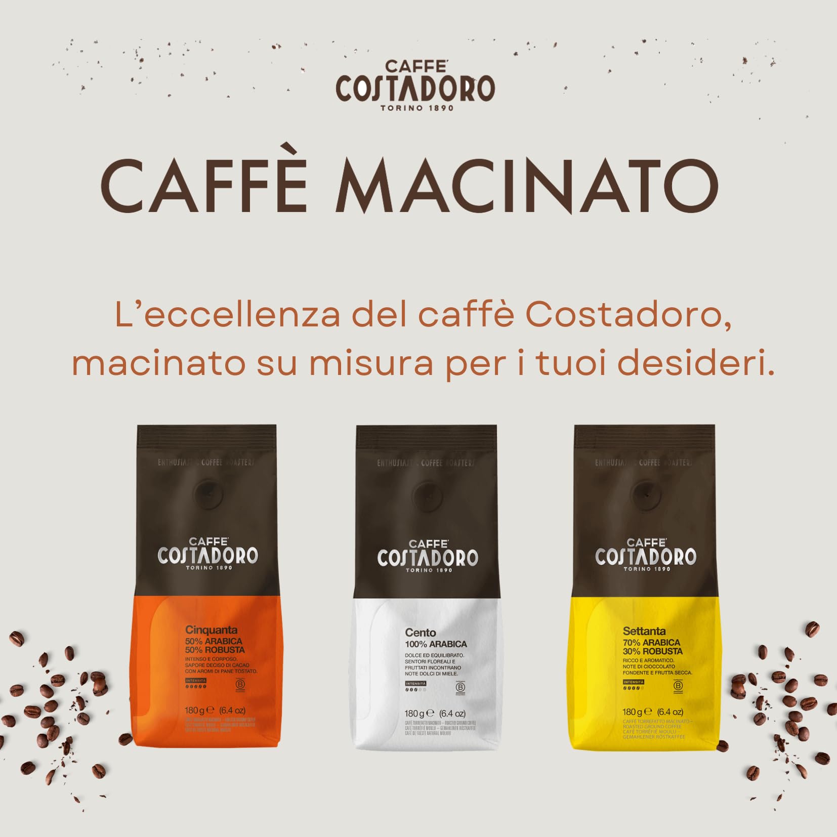 Costadoro Cento, kawa mielona do kawiarki moka, mieszanka 100% Arabica, 12 saszetek po 180 g każda, smak delikatny i zrównoważony, Włoska jakość