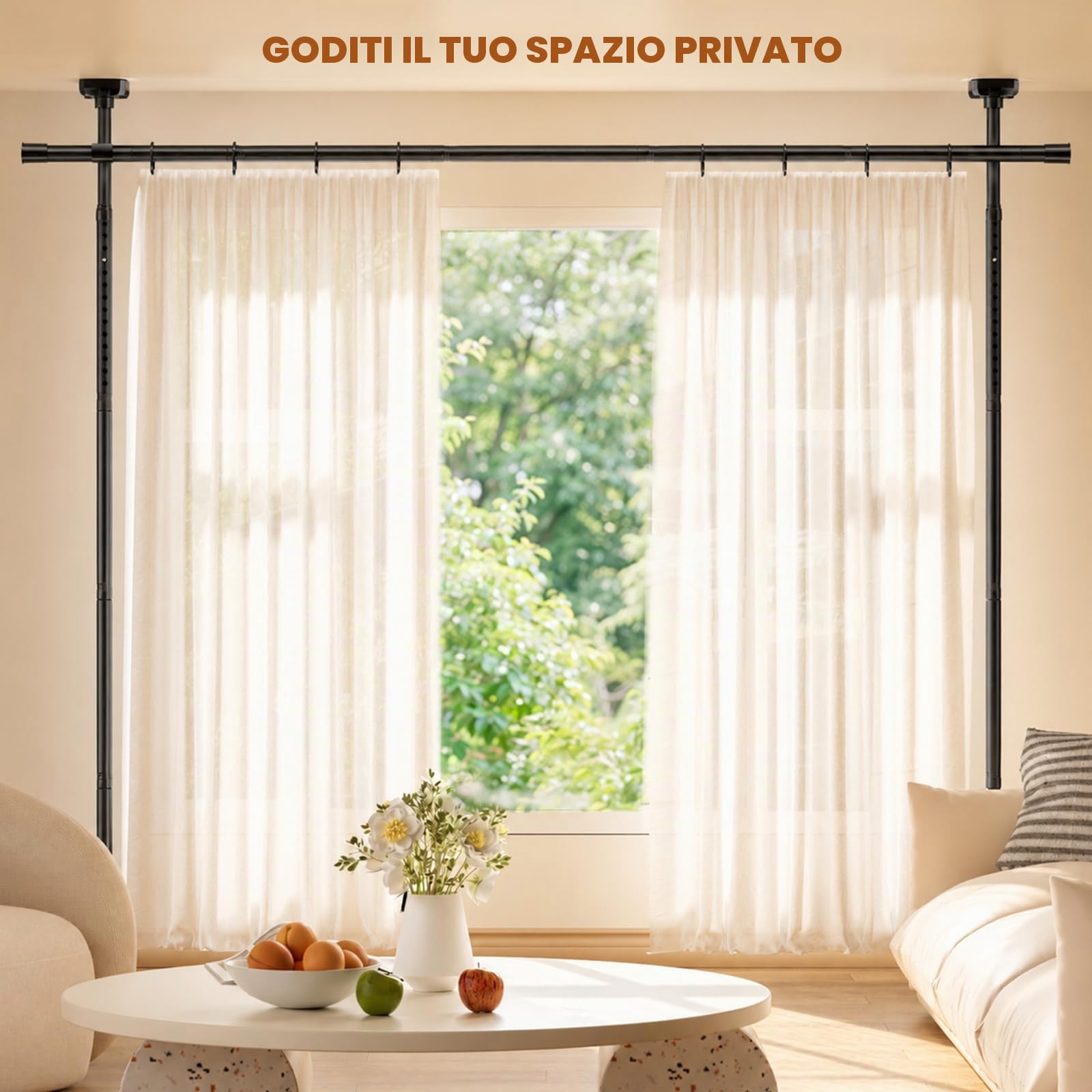Mavivegue Divisorio senza foratura, divisorio senza tenda, divisorio, paravento, 122-305 cm (H) 71-178 cm (B) regolabile, adatto per soggiorno, camera da letto e ufficio, nero