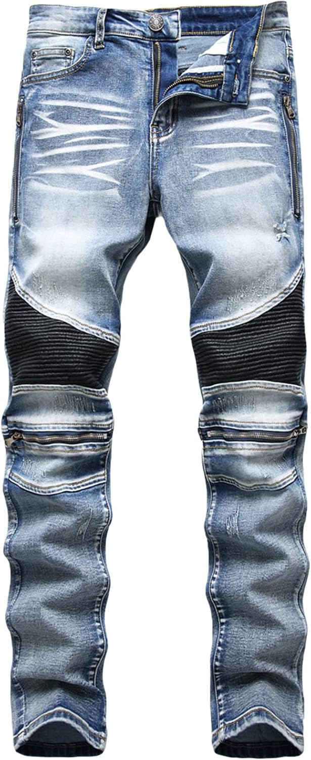 Men Ripped Vintage Biker Jeans Distressed Destroyed Zipper Denim Pants Straight Holes Moto Patch Hip Hop Jean