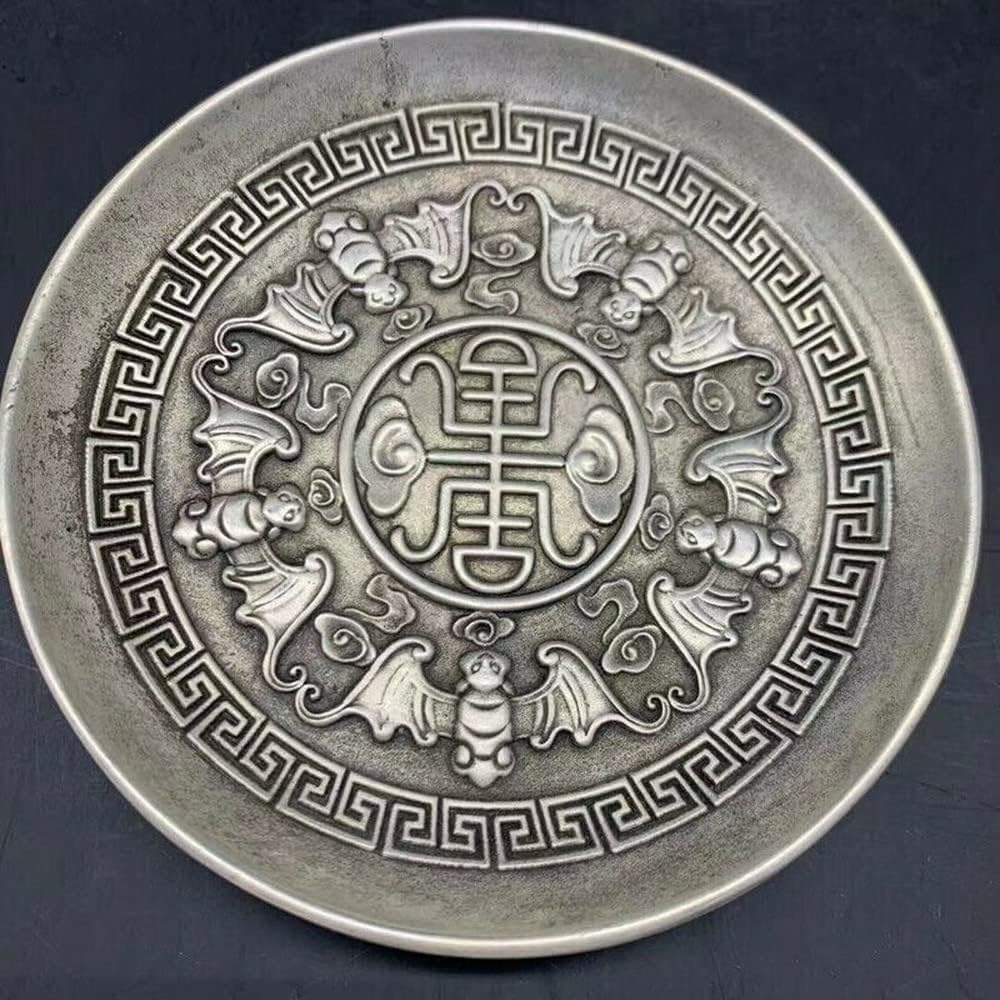 EFARMA feng Shui Ornaments, 10.3cm Chinese Old Qianlong Tibet Silver Handcarved Bat Pattern Plate Decorate, Candle Holder Tray for Coffee Table, Entryway, Decorative House Gifts