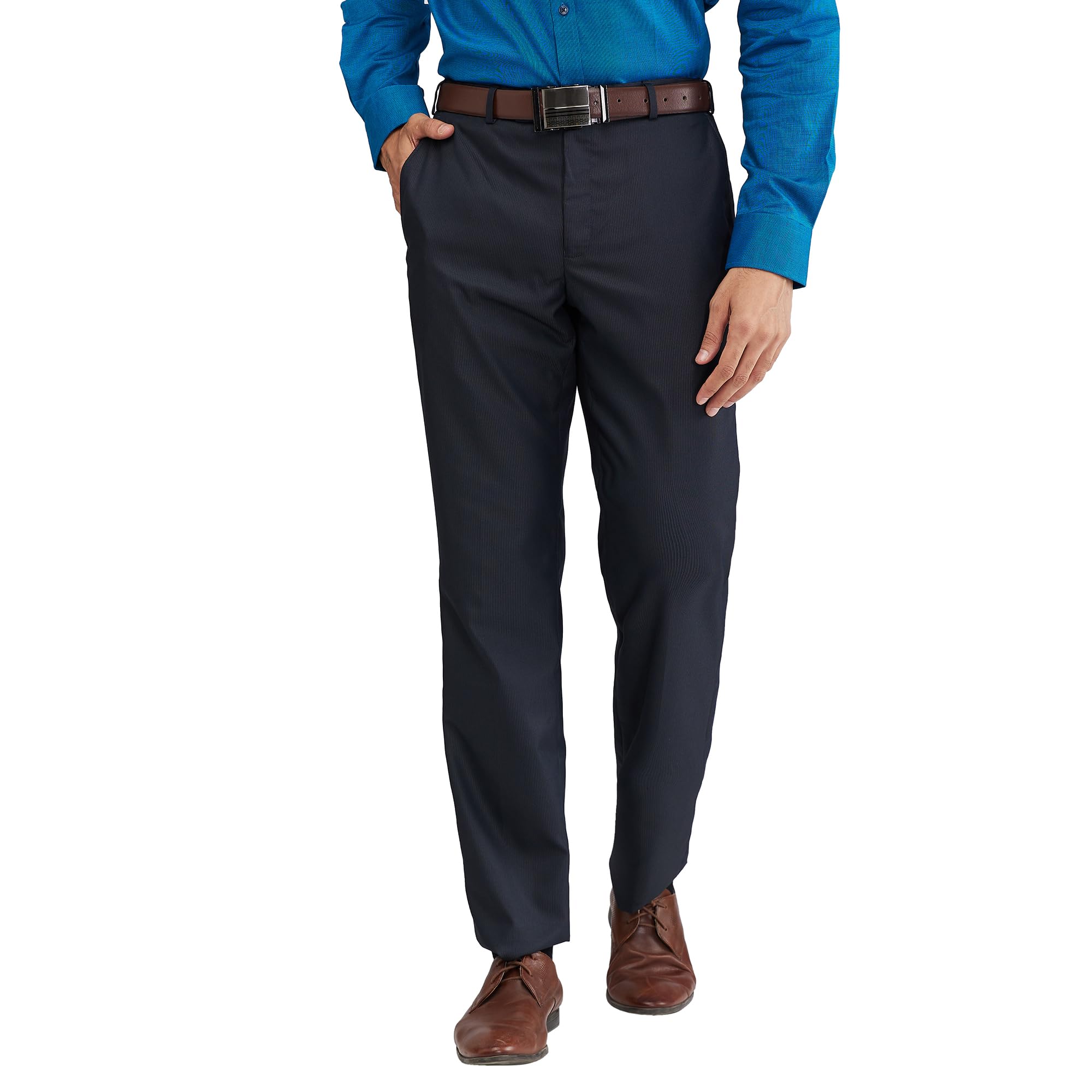 Park AvenueMen's Regular Fit Mid Rise Stripe Pattern Poly Viscose Blend Flat Front Formal Trouser