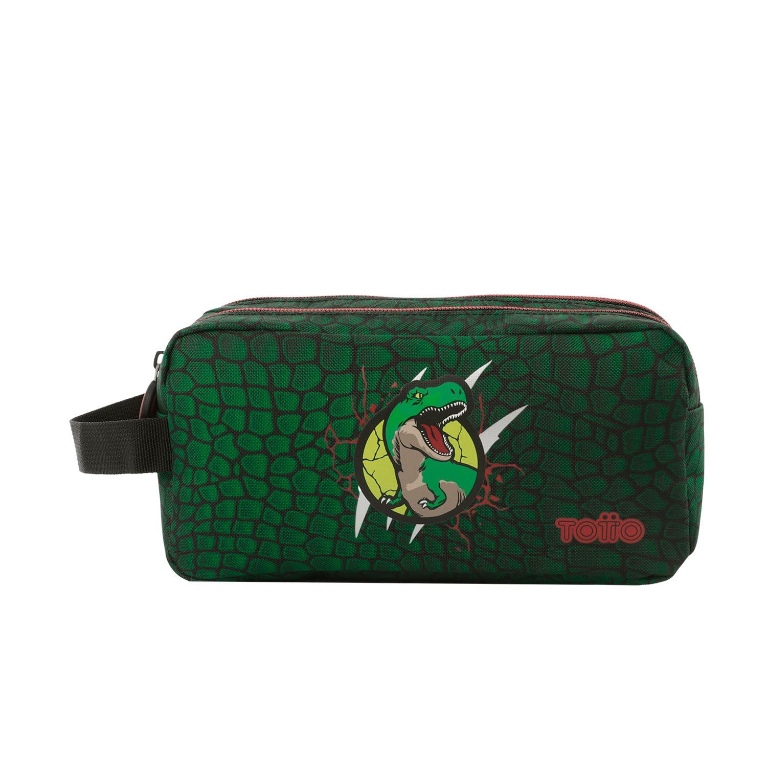 TOTTO - Estuche Escolar Dos Compartimentos, Modelo Rex Dino, Estuche Grande, Dimensiones 23 x 12 x 9 cm, Asa Lateral, con Identificador en Parte Posterior, Compacto y Resistente, Color Verde