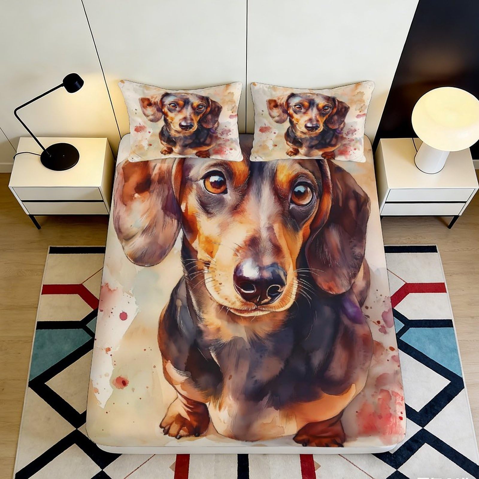 3D Printed Dachshund Pattern Fitted Sheet Microfiber Non-Slip Deep Pocket Dachshund Mattress Fitted Cover Full Wrap Bedding 200x200x25cm 90x200x25cm