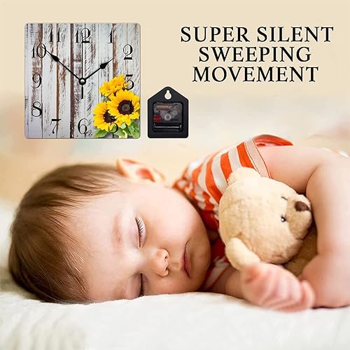 Miniatura 3 de Reloj de pared de madera con girasoles con madera rústica vintage que no hace tictac, reloj de pared cuadrado de estilo antiguo estilo campestre