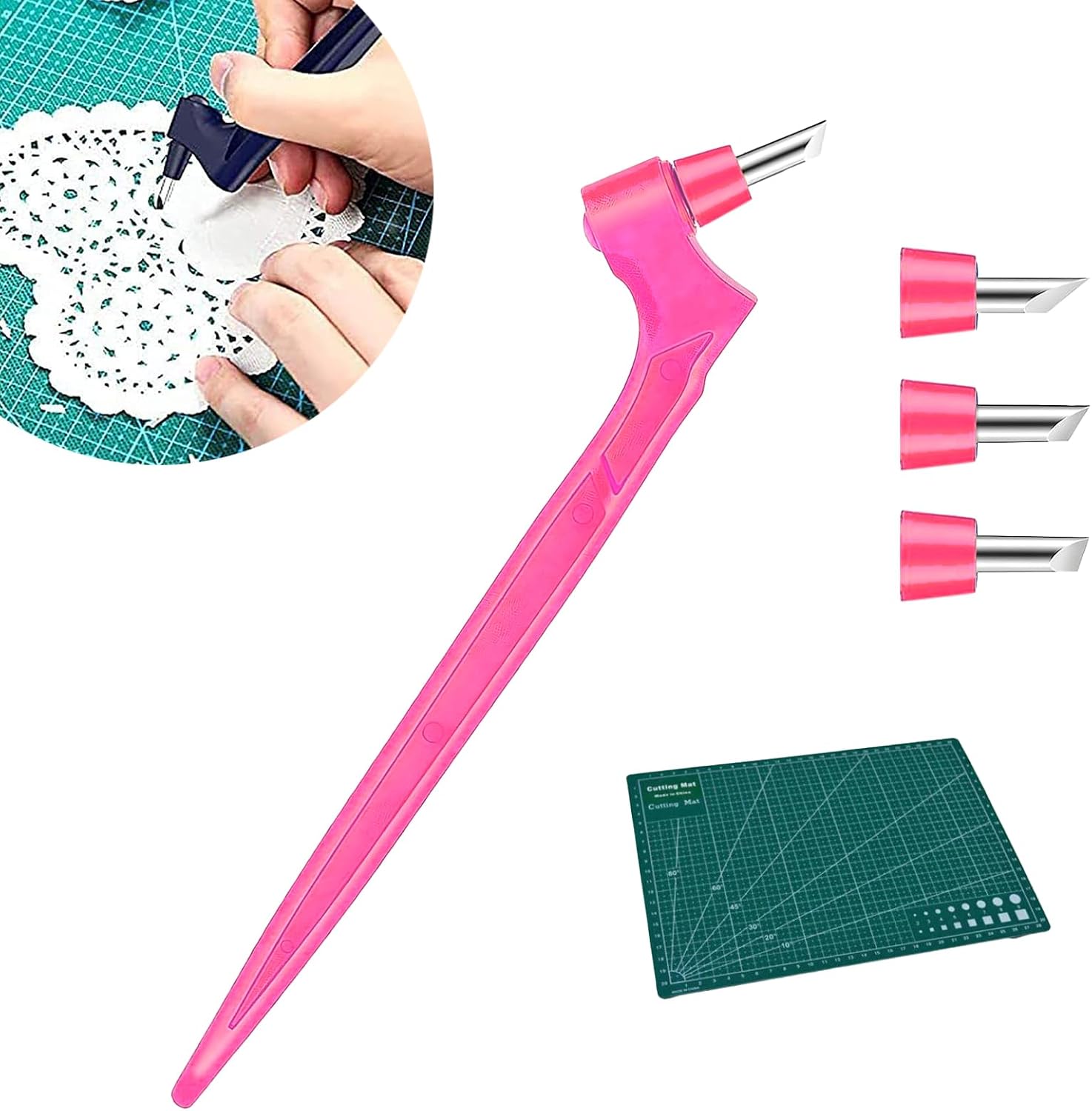 360-Degree Rotating Craft Cutting Tool, 3 Adjustable Blades, Art Pen Design for Scrapbook and DIY Projects (Pink, With engraving plate)